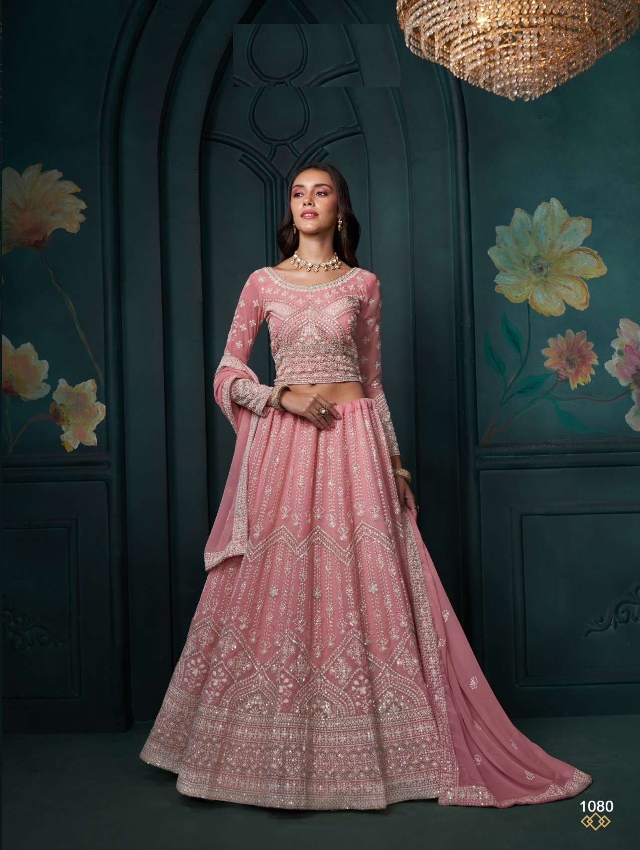 DESIGNER FANCY WEDDING PARTY WEAR INDIAN PINK GEORGETTE LEHENGA CHOLI WITH DUPATTA ALZ WEDDING ATTIRE 1080