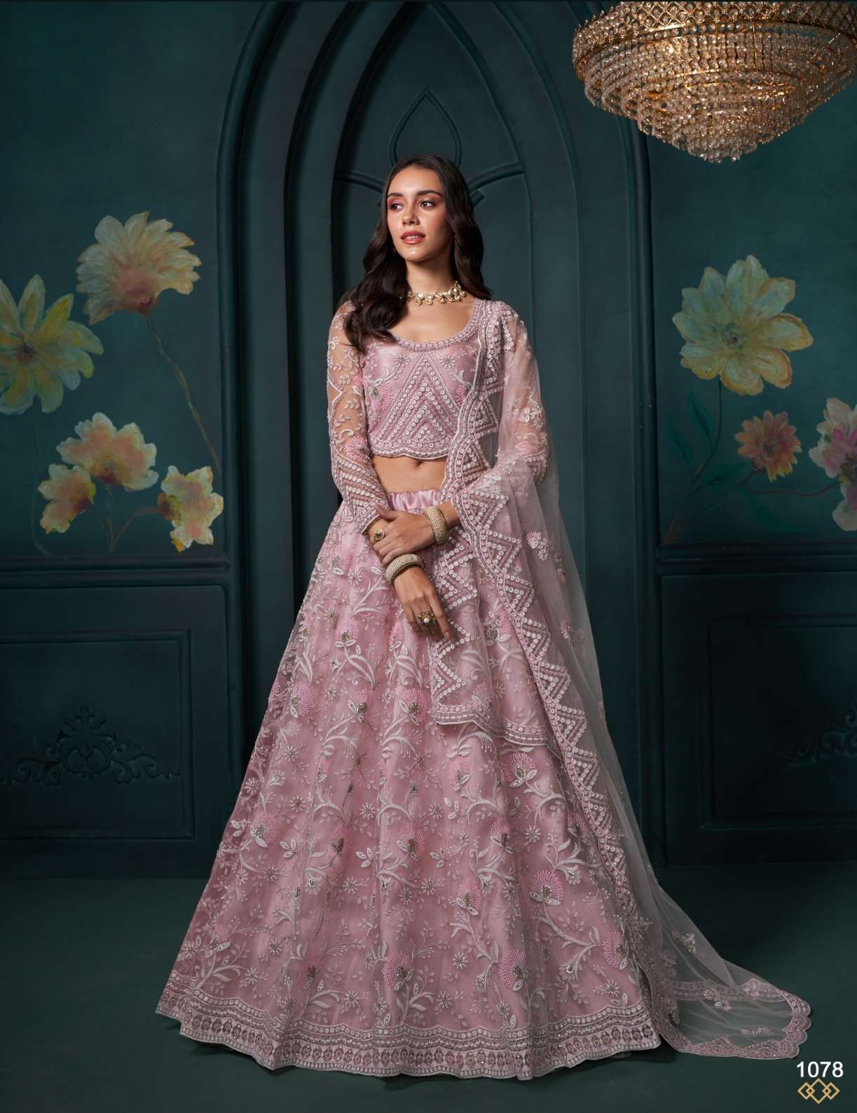 DESIGNER FANCY WEDDING PARTY WEAR INDIAN PINK NET LEHENGA CHOLI WITH DUPATTA ALZ WEDDING ATTIRE 1078