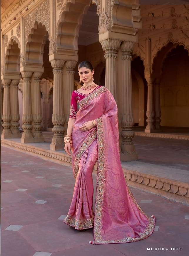 DESIGNER FANCY WEDDING PARTY WEAR INDIAN PINK ORGANZA SILK SAREE COLLECTION SM MEEVA 1006