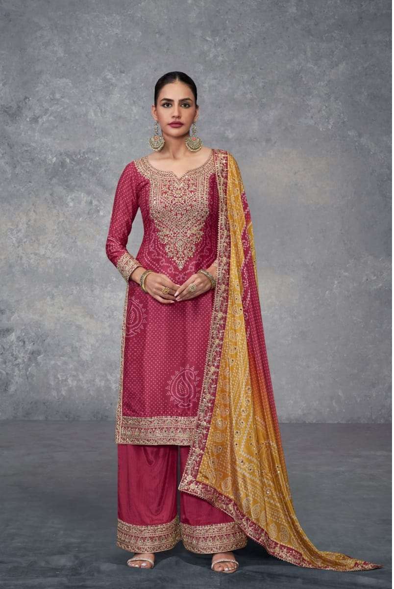 DESIGNER FANCY WEDDING PARTY WEAR INDIAN RED CHINON SHARARA PALAZZO SALWAR SUIT GL TAKSHVI 7492