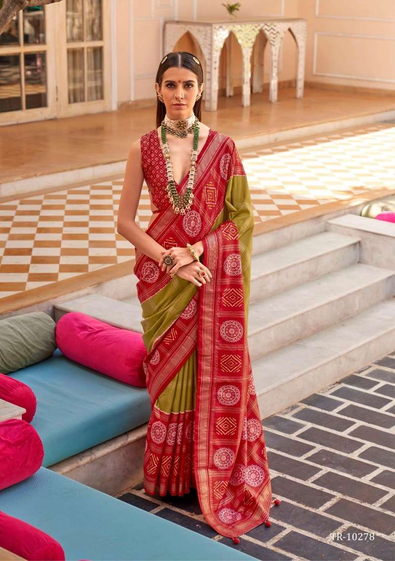 DESIGNER FANCY WEDDING PARTY WEAR INDIAN SILK RED PARROT GREEN SAREE COLLECTION SM RW GULAB PATOLA 10278