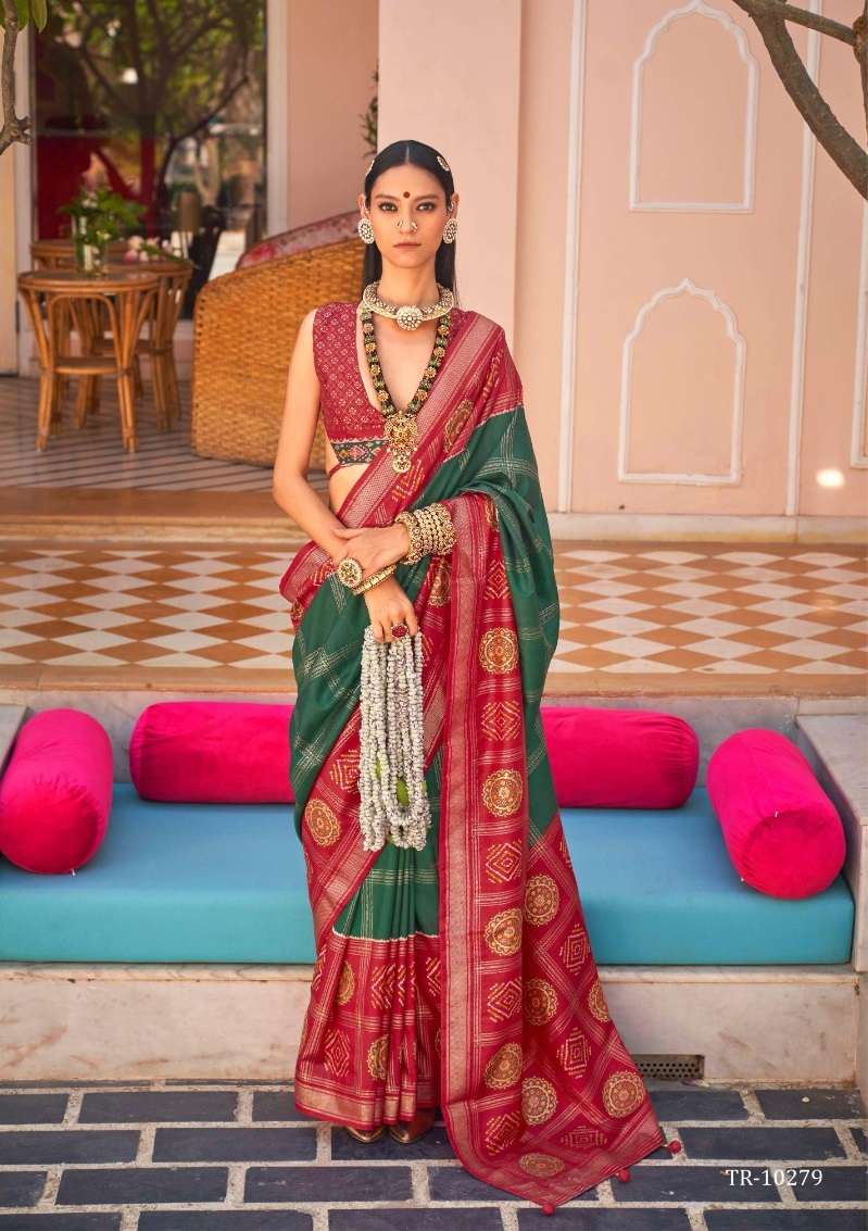 DESIGNER FANCY WEDDING PARTY WEAR INDIAN SILK RED GREEN SAREE COLLECTION SM RW GULAB PATOLA 10279