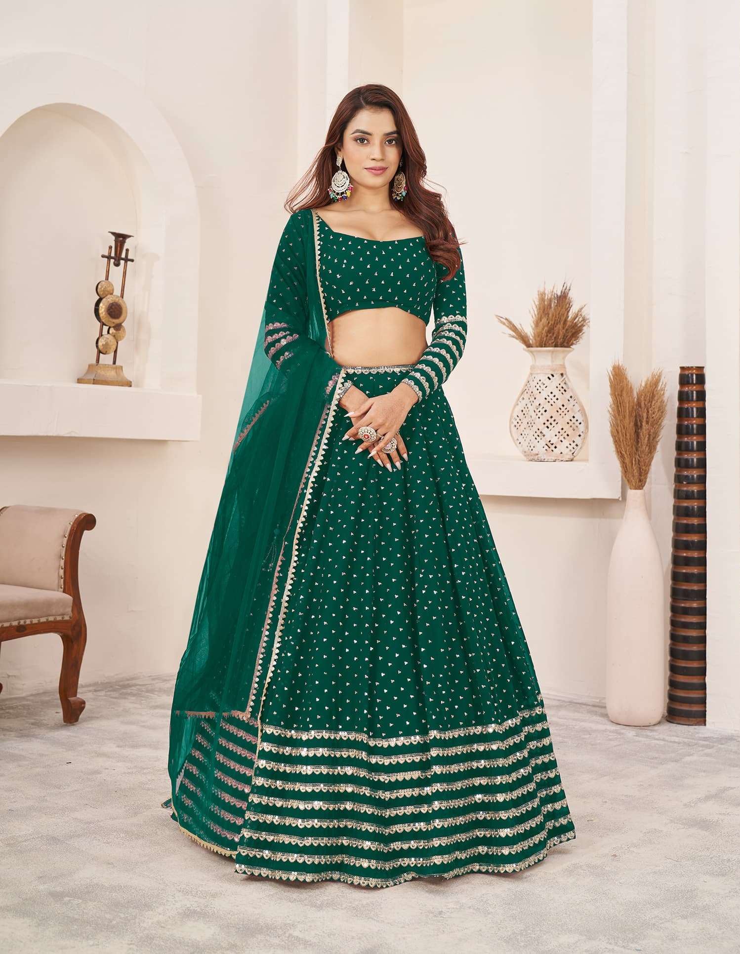 DESIGNER FANCY WEDDING PARTY WEAR INDIAN TEAL GREEN GEORGETTE LEHENGA CHOLI WITH DUPATTA ZC ANCHAL 5074C