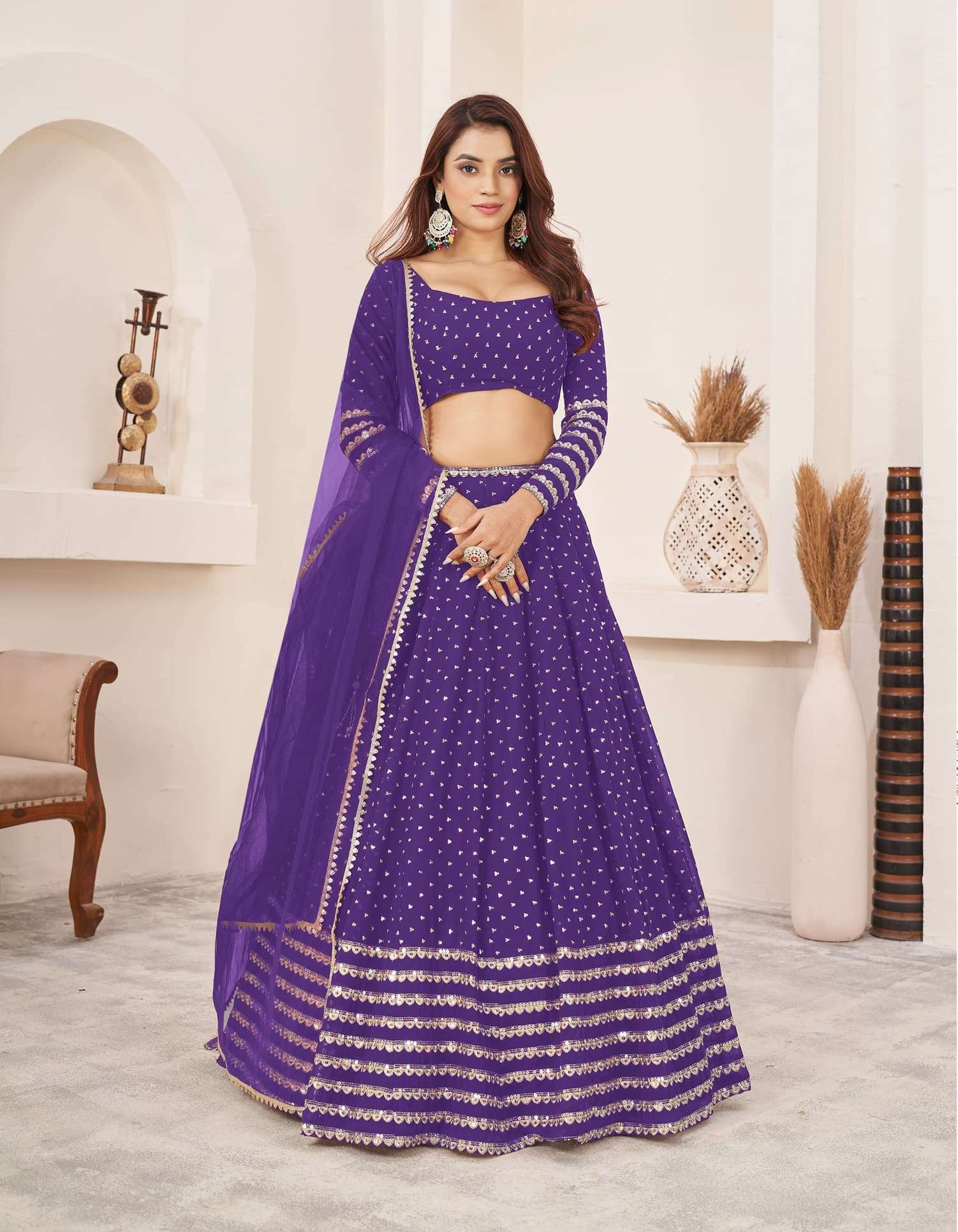 DESIGNER FANCY WEDDING PARTY WEAR INDIAN VIOLET GEORGETTE LEHENGA CHOLI WITH DUPATTA ZC ANCHAL 5074B