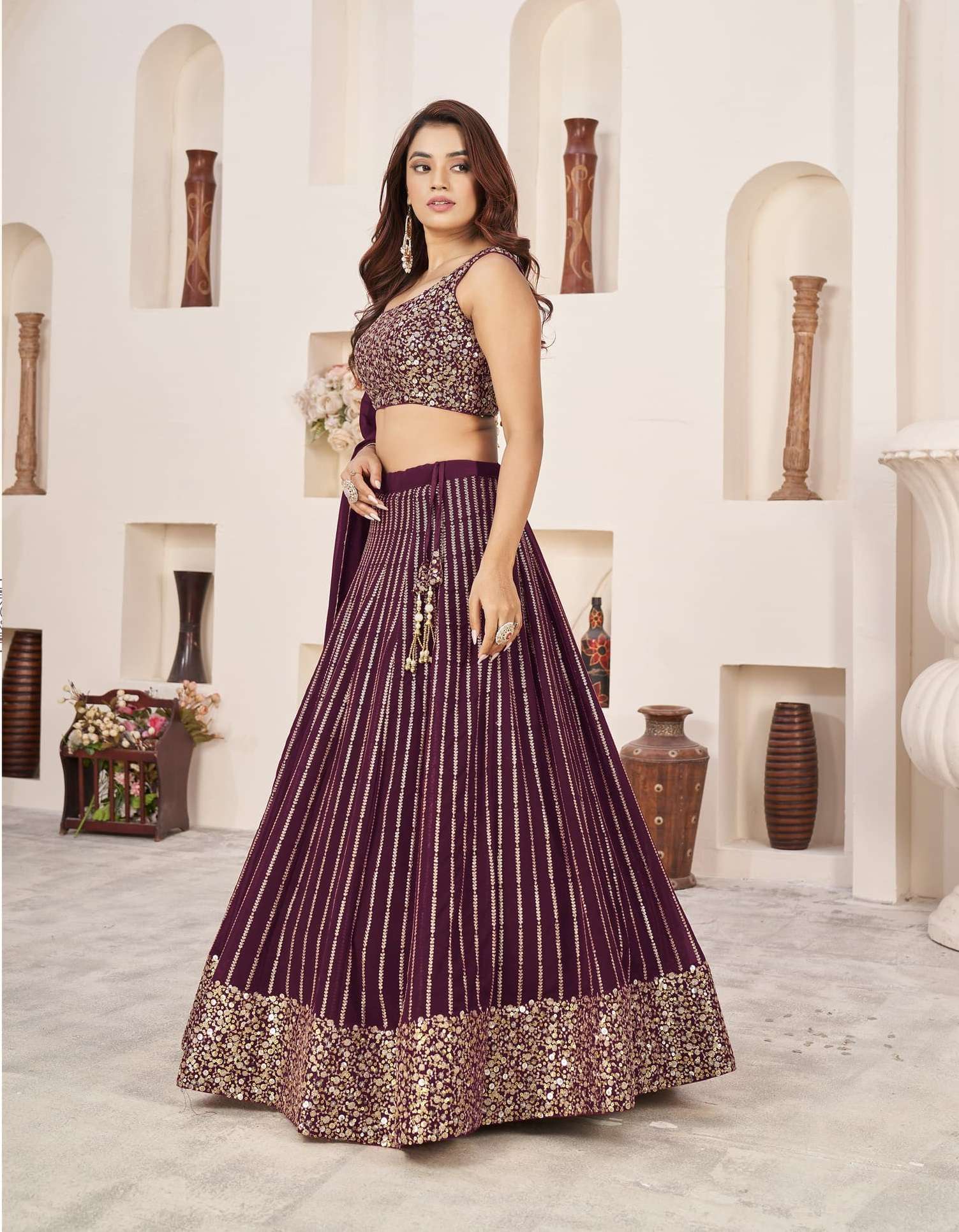 DESIGNER FANCY WEDDING PARTY WEAR INDIAN WINE GEORGETTE LEHENGA CHOLI WITH DUPATTA ZC ANCHAL 5067E