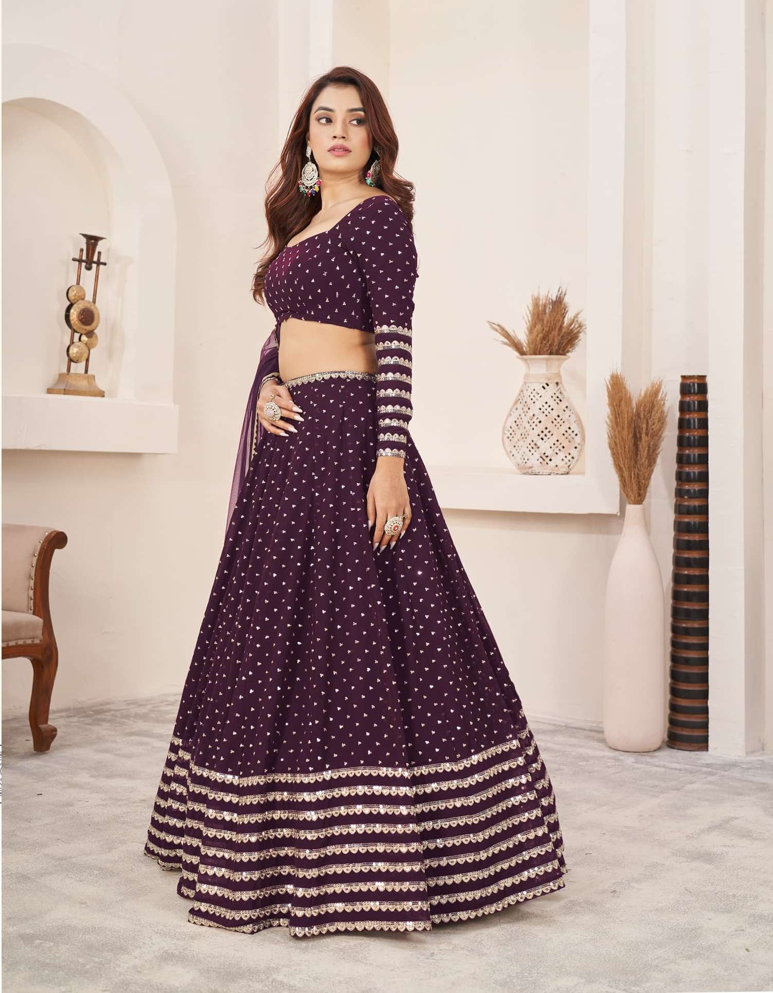 DESIGNER FANCY WEDDING PARTY WEAR INDIAN WINE GEORGETTE LEHENGA CHOLI WITH DUPATTA ZC ANCHAL 5074D