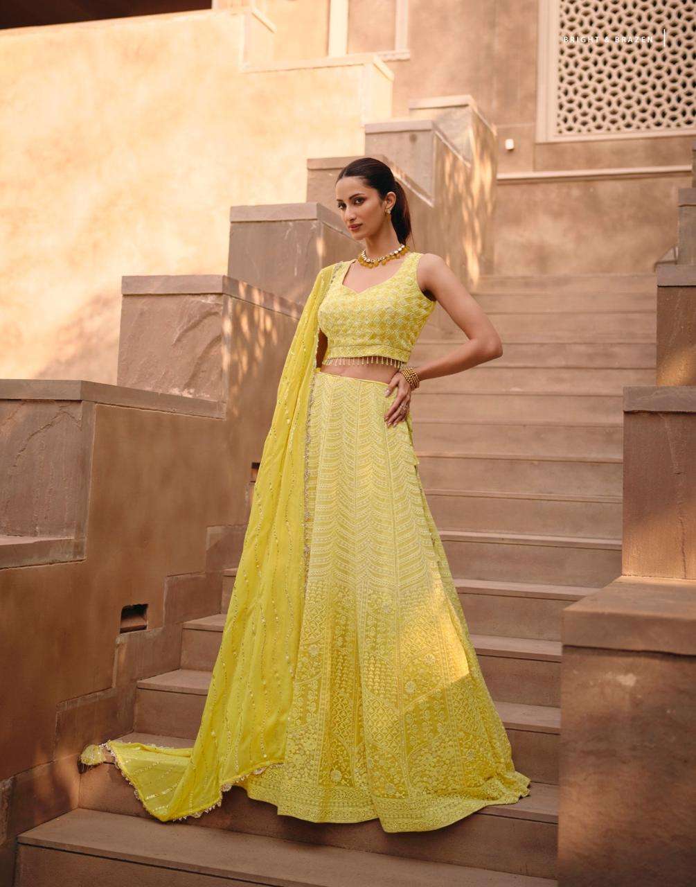 DESIGNER FANCY WEDDING PARTY WEAR INDIAN YELLOW GEORGETTE LEHENGA CHOLI COLLECTION SY SANIYA 5450