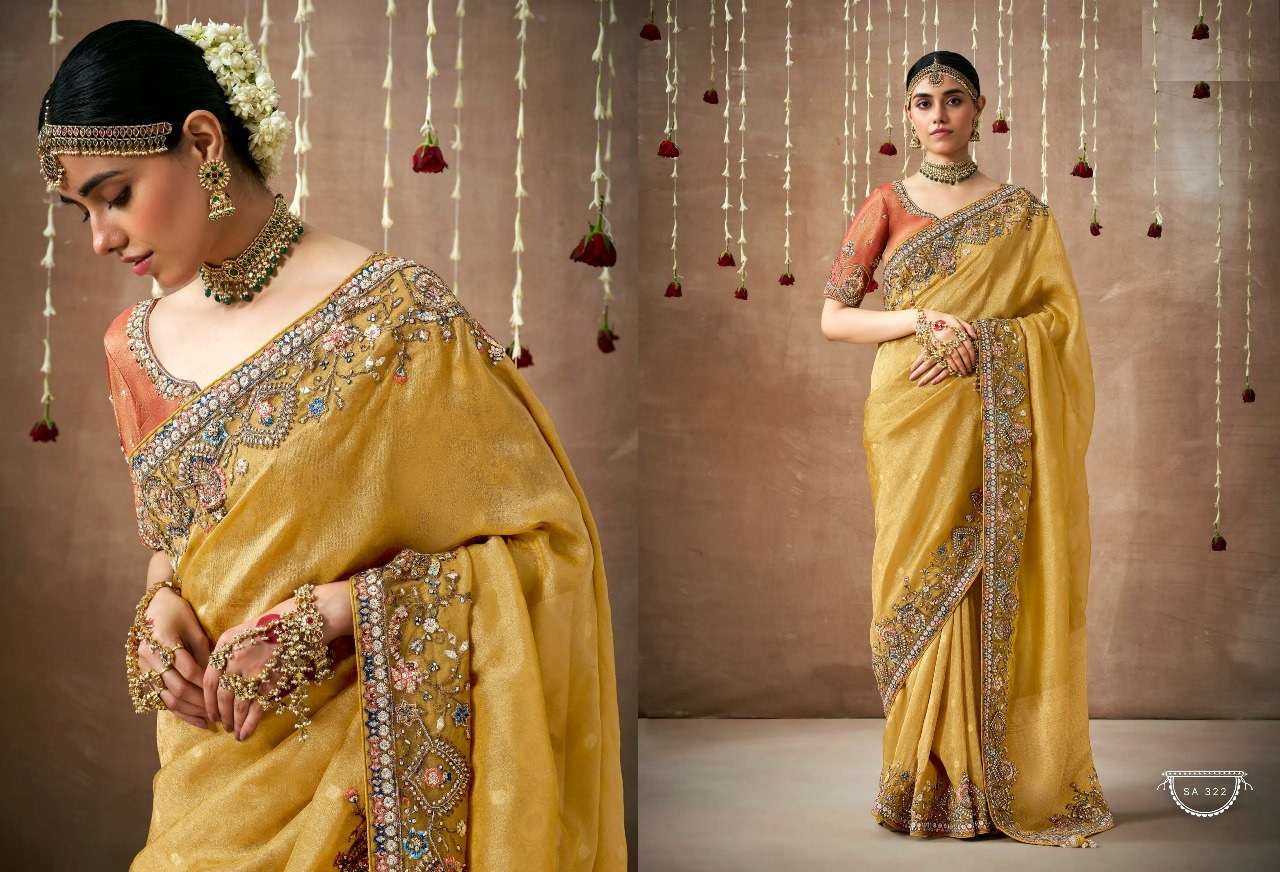 DESIGNER FANCY WEDDING PARTY WEAR INDIAN YELLOW ORGANZA SAREE COLLECTION SM KM DULHAN 322