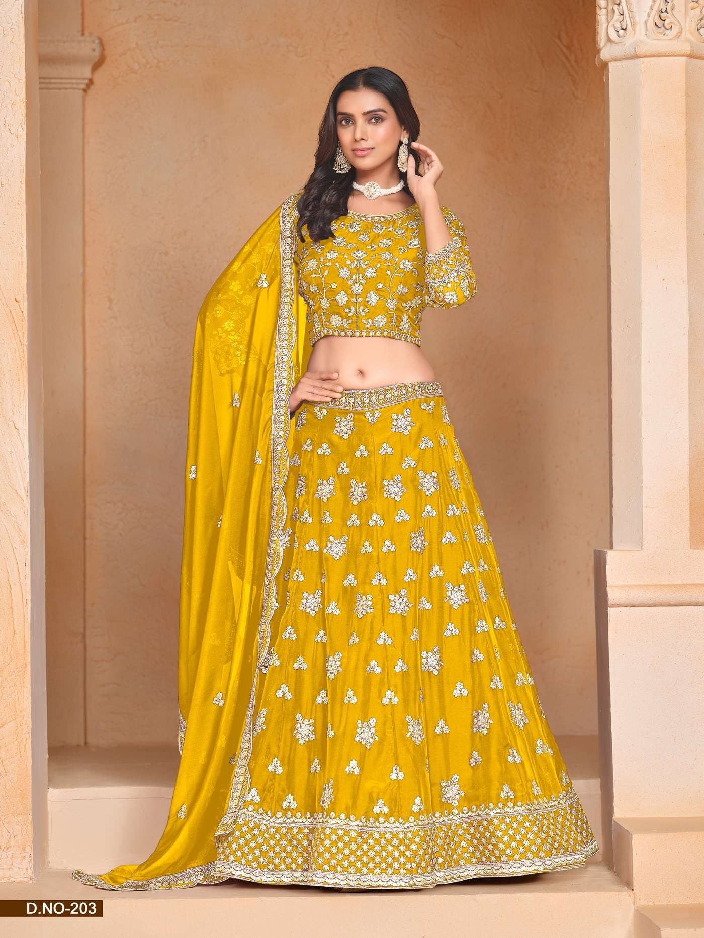 DESIGNER FANCY WEDDING PARTY WEAR INDIAN YELLOW ORGANZA LEHENGA CHOLI WITH NET DUPATTA ANY MEHVISH 203