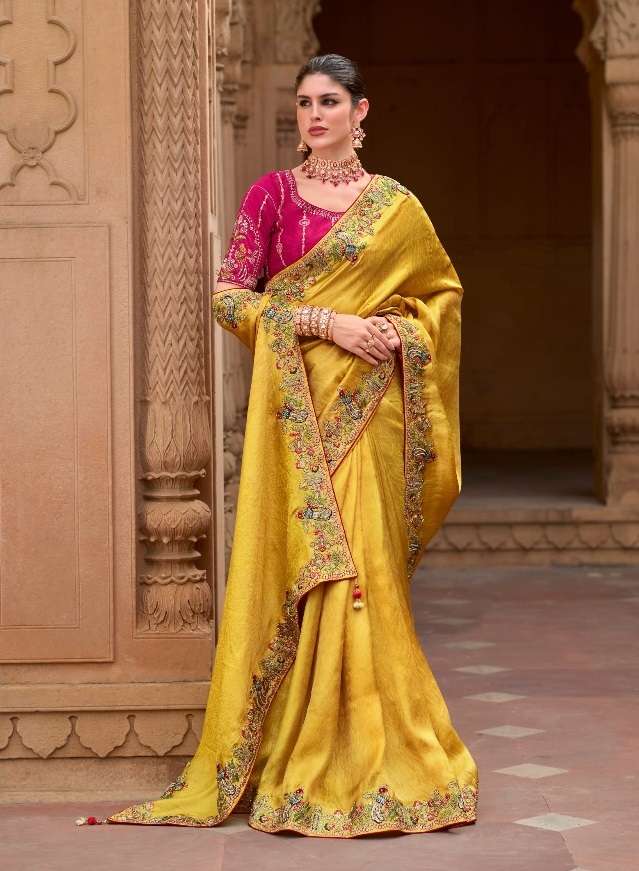 DESIGNER FANCY WEDDING PARTY WEAR INDIAN YELLOW ORGANZA SILK SAREE COLLECTION SM MEEVA 1007