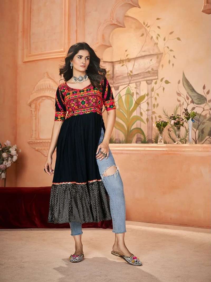 DESIGNER RAYON COTTON BLACK NAVRATRI KURTI COLLECTION KF FLOTY 5051