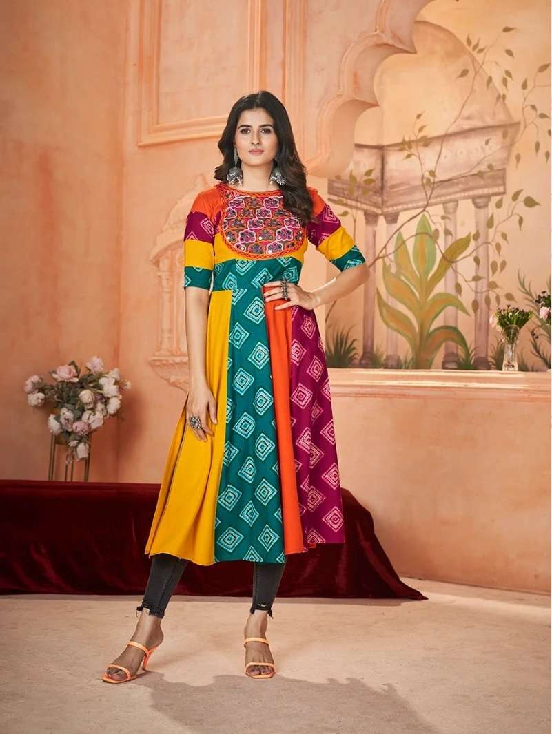 DESIGNER RAYON COTTON MULTICOLOR NAVRATRI KURTI COLLECTION KF FLOTY 5053