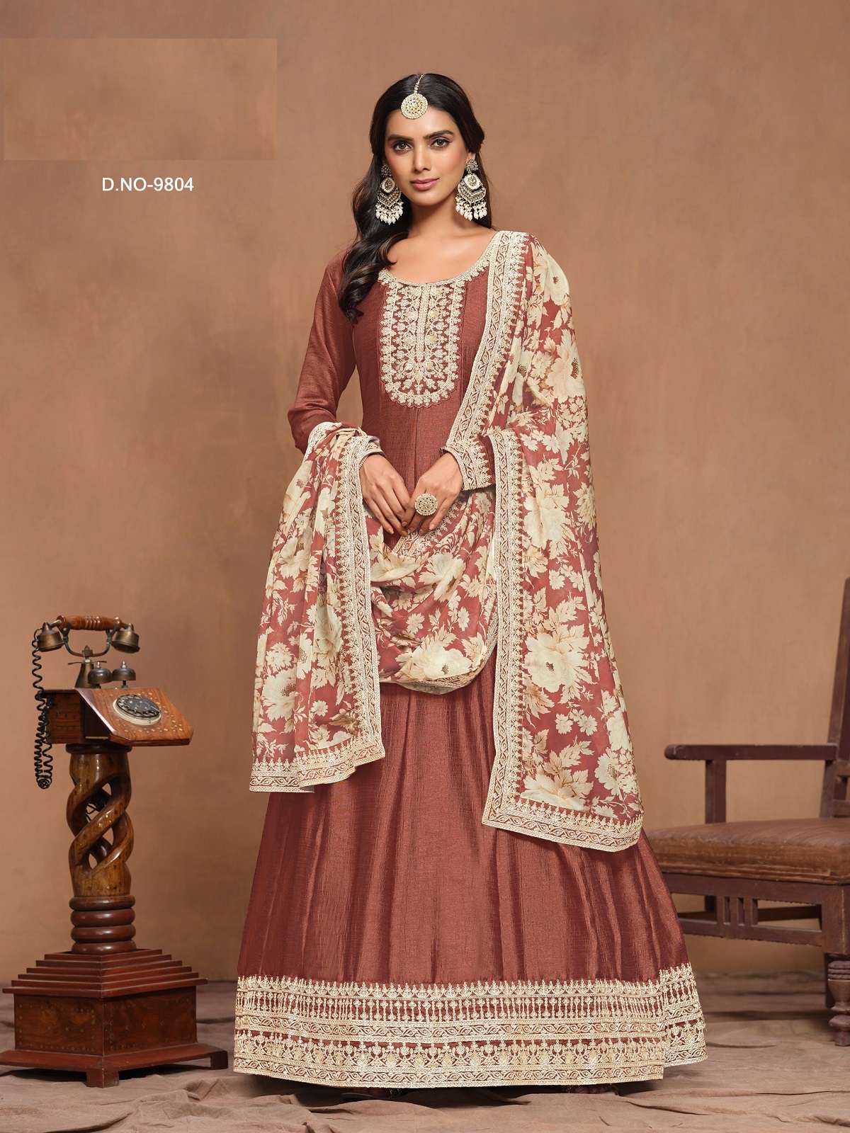 DESIGNER WEDDING PARTY WEAR ART SILK BROWN ANARKALI SALWAR SUIT GOWN WITH DUPATTA ANY 9804