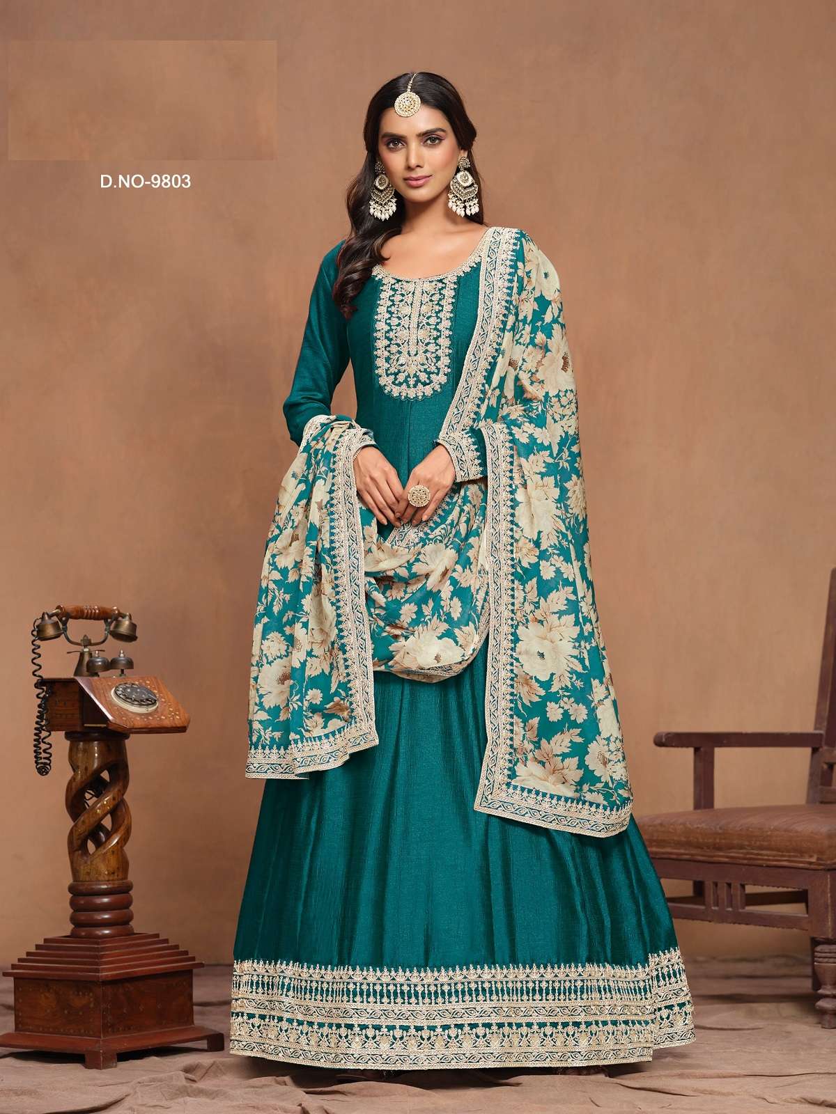 DESIGNER WEDDING PARTY WEAR ART SILK GREEN ANARKALI SALWAR SUIT GOWN WITH DUPATTA ANY 9803