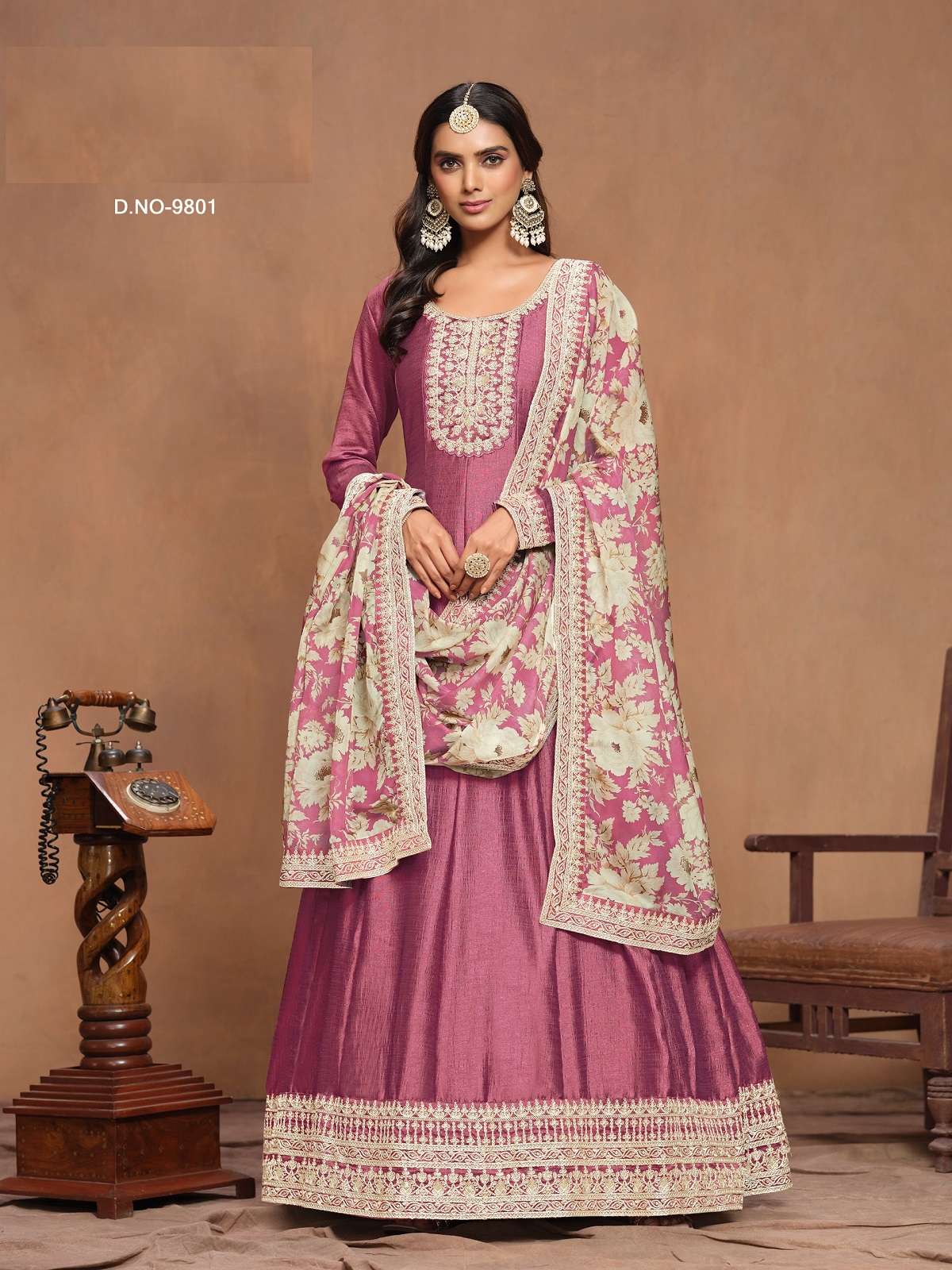 DESIGNER WEDDING PARTY WEAR ART SILK PINK ANARKALI SALWAR SUIT GOWN WITH DUPATTA ANY 9801