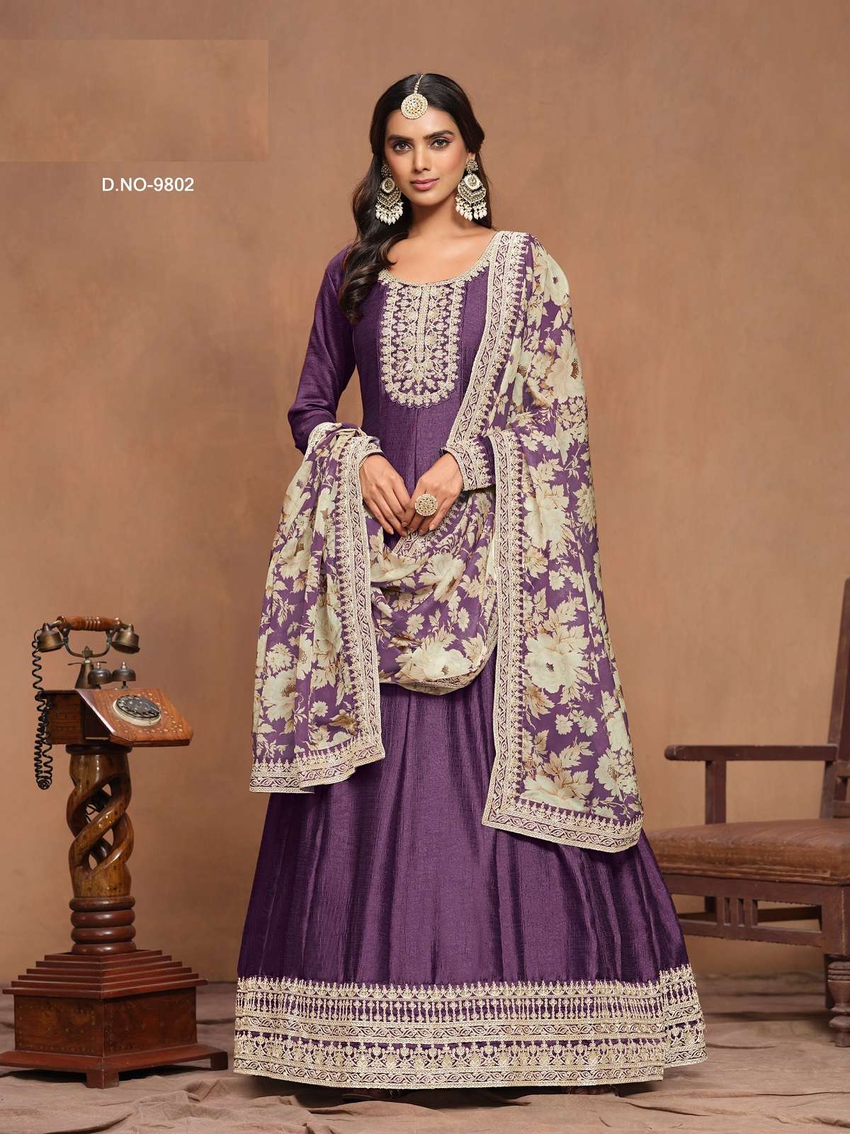 DESIGNER WEDDING PARTY WEAR ART SILK PURPLE ANARKALI SALWAR SUIT GOWN WITH DUPATTA ANY 9802