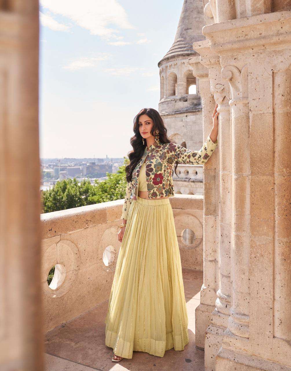 DESIGNER WEDDING PARTY WEAR CHINON SILK BEIGE COLOR KOTI JACKET STYLE SALWAR SUIT SY LUXE 5580