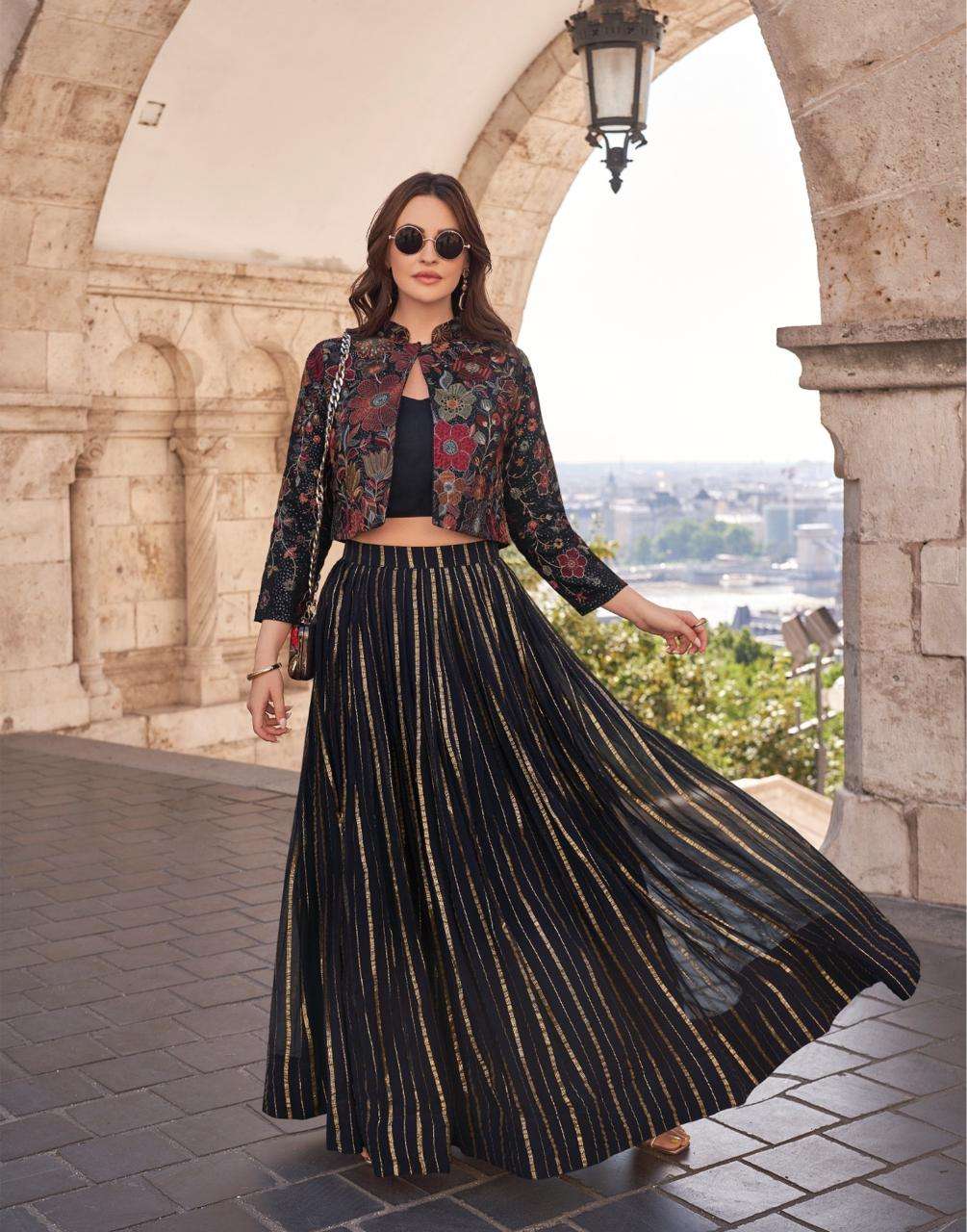 DESIGNER WEDDING PARTY WEAR CHINON SILK BLACK KOTI JACKET STYLE SALWAR SUIT SY LUXE 5581