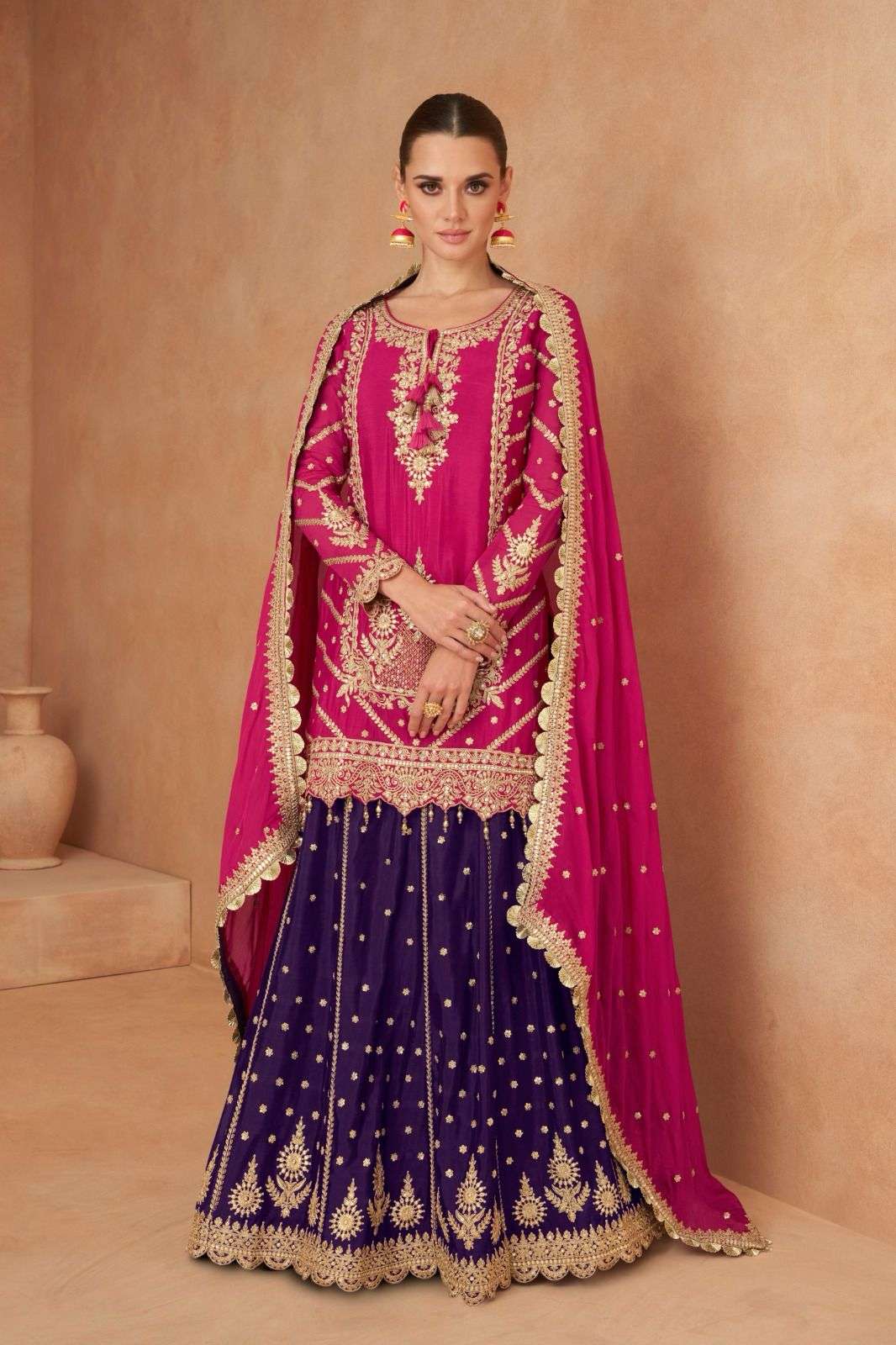 DESIGNER WEDDING PARTY WEAR CHINON SILK BLUE PINK SKIRT STYLE SALWAR SUIT GL KHANAK 7471 A