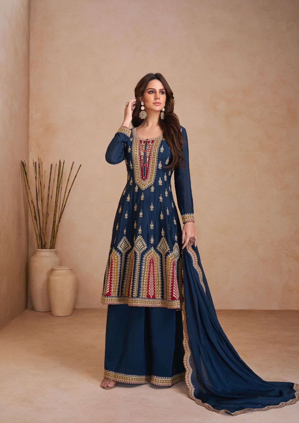 DESIGNER WEDDING PARTY WEAR CHINON SILK BLUE SHARARA SALWAR SUIT GL GUZARISH 7475