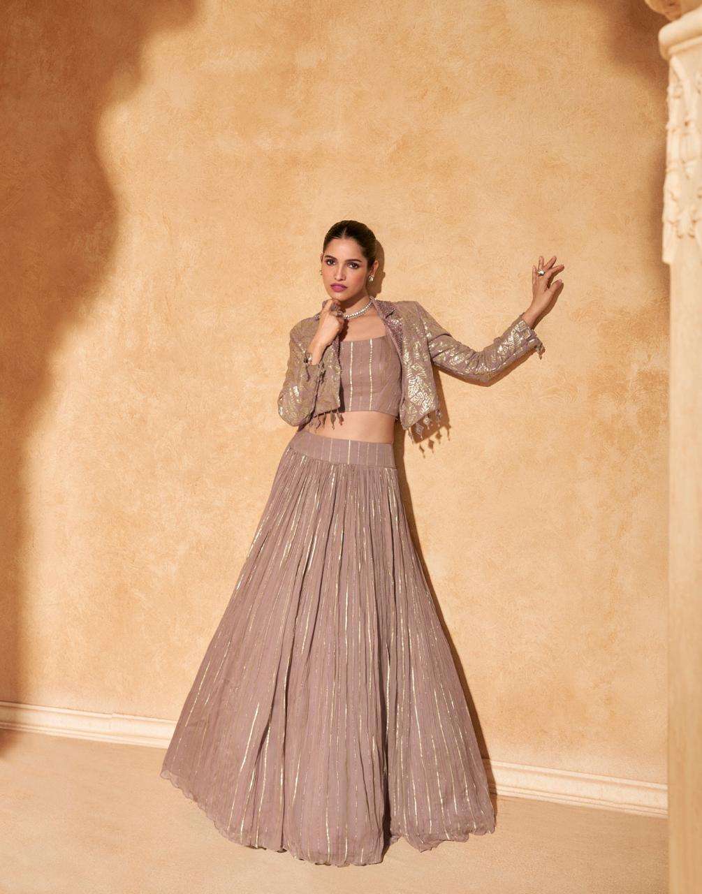 DESIGNER WEDDING PARTY WEAR CHINON SILK CHIKU SKIRT STYLE LEHENGA KOTI SUIT SY RAAS 5603