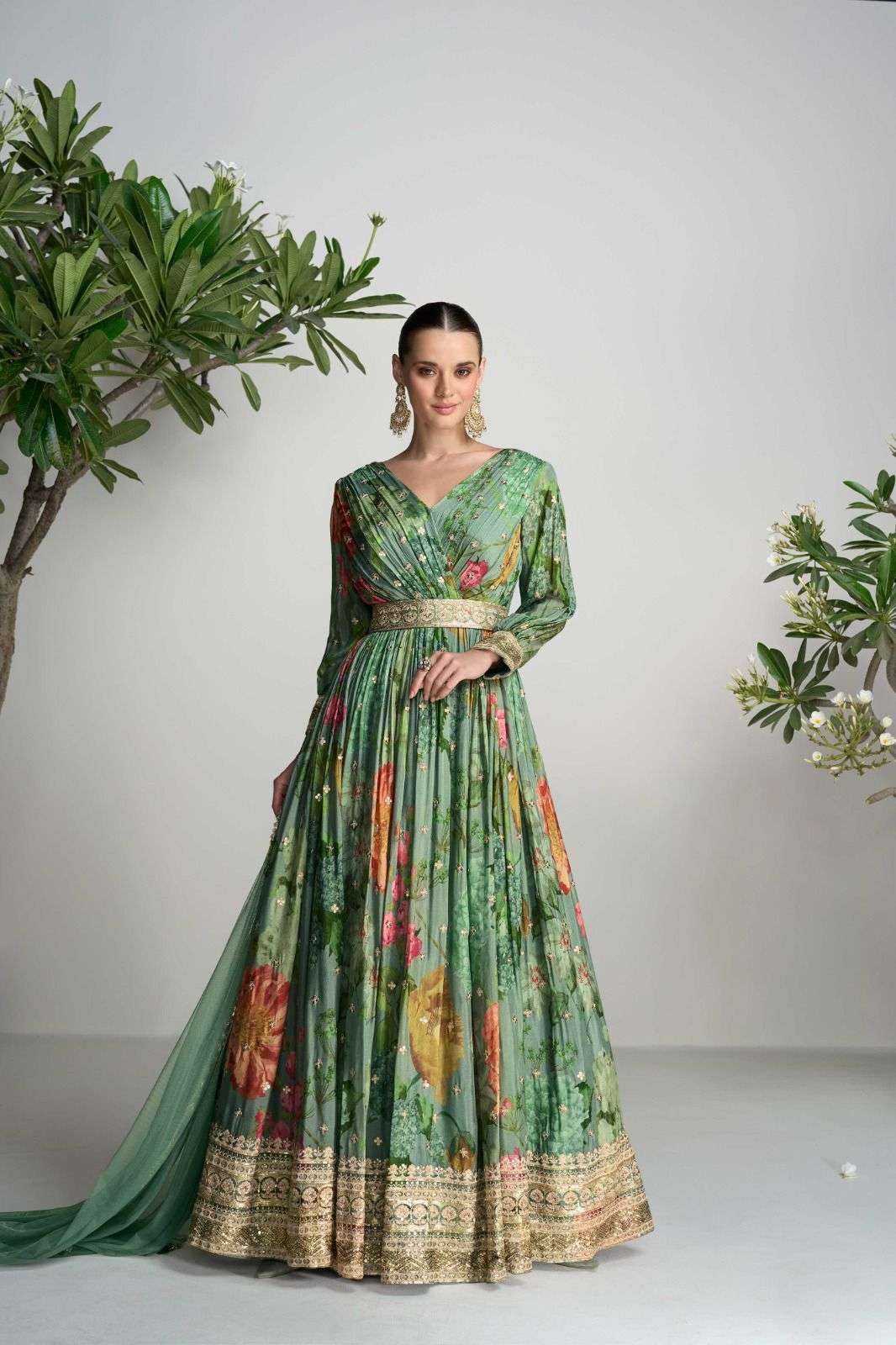 DESIGNER WEDDING PARTY WEAR CHINON SILK GREEN ANARKALI SALWAR SUIT GOWN WITH DUPATTA GL SCARLET 7464