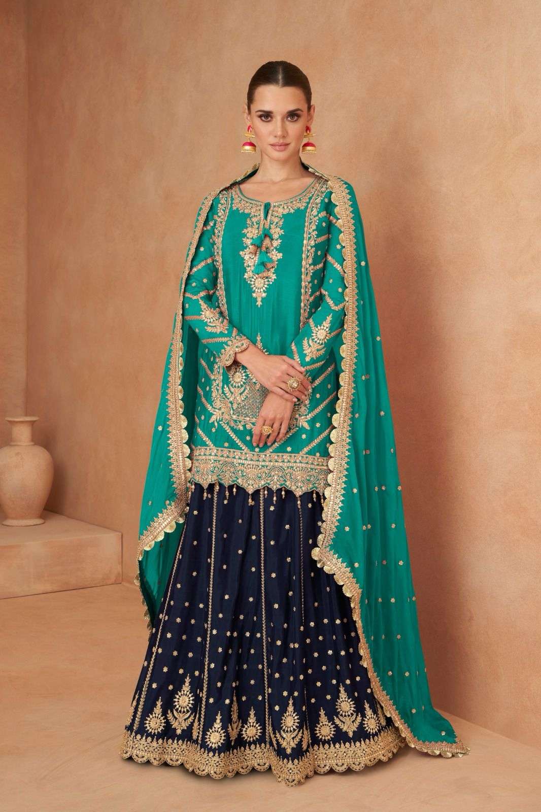 DESIGNER WEDDING PARTY WEAR CHINON SILK GREEN BLUE SKIRT STYLE SALWAR SUIT GL KHANAK 7471 D