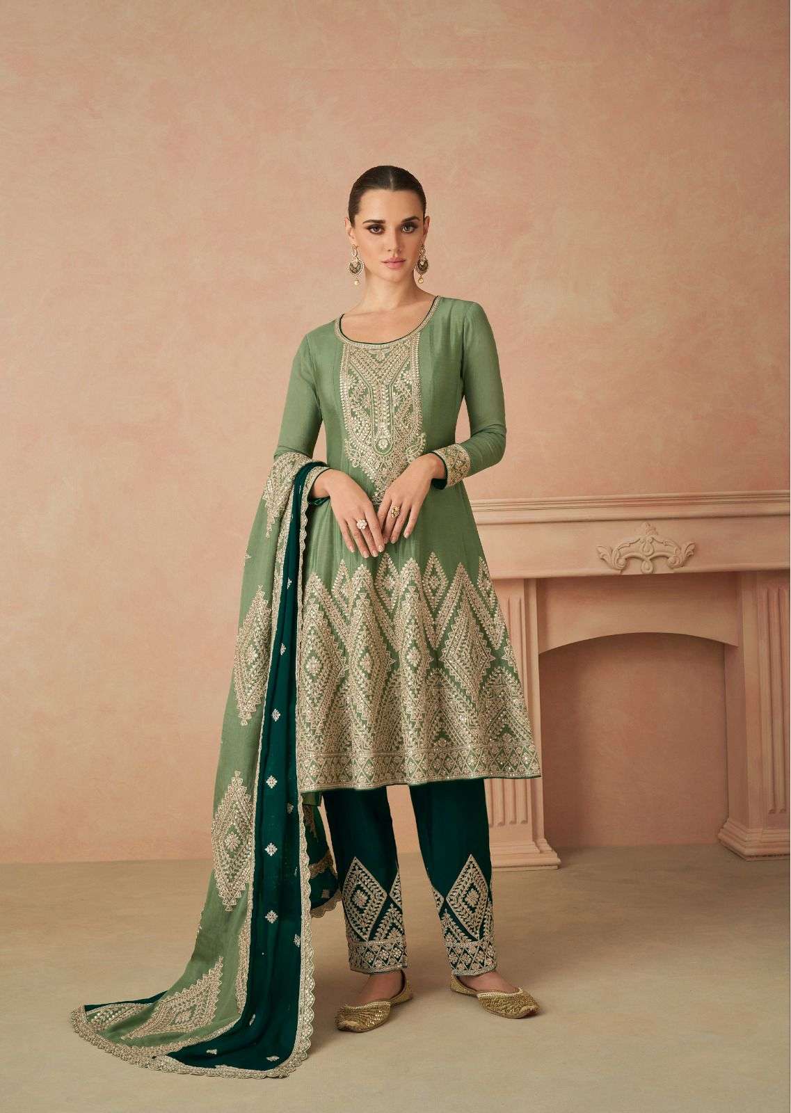 DESIGNER WEDDING PARTY WEAR CHINON SILK GREEN SHARARA SALWAR SUIT GL GUZARISH 7477