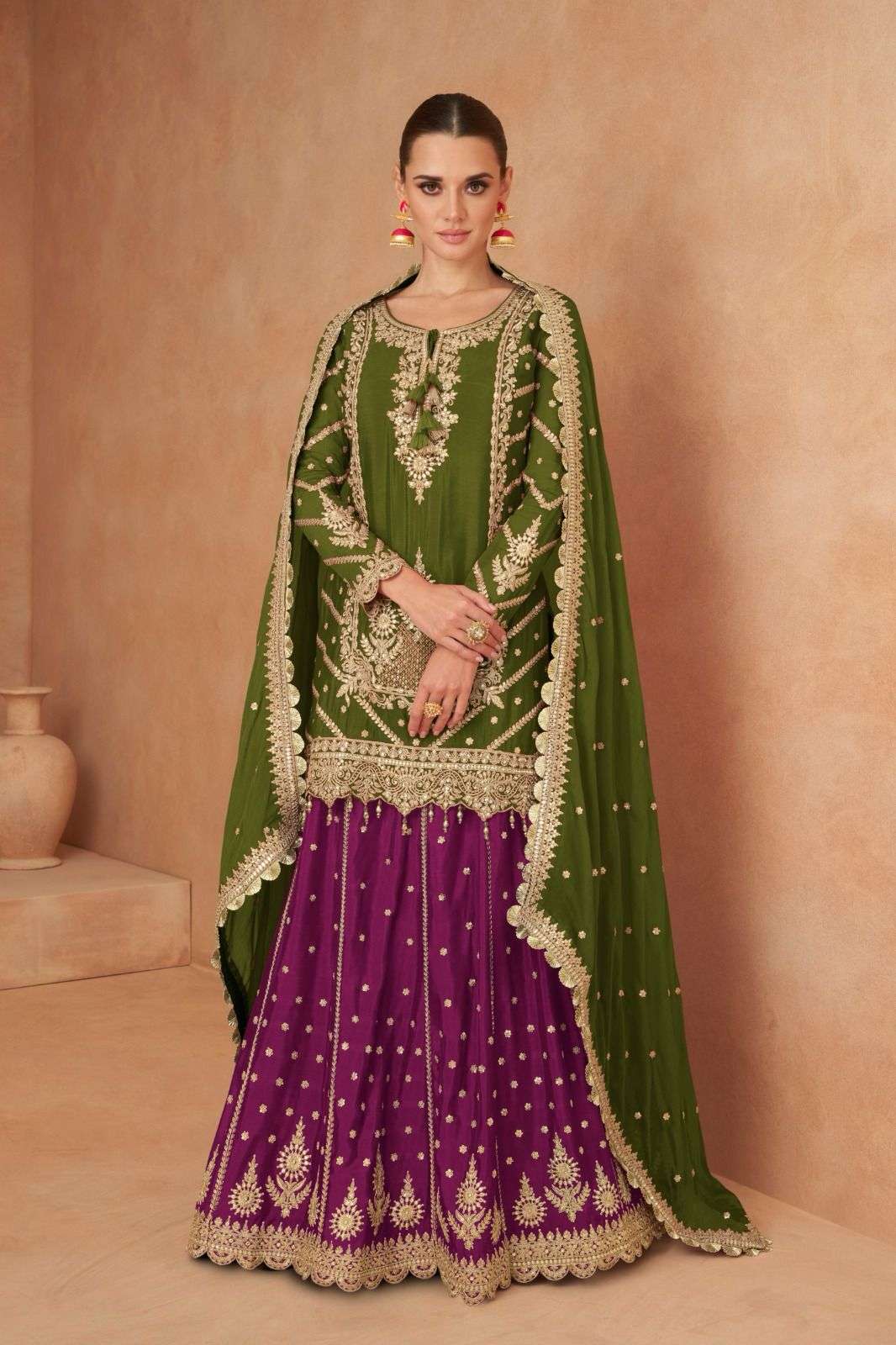 DESIGNER WEDDING PARTY WEAR CHINON SILK GREEN WINE SKIRT STYLE SALWAR SUIT GL KHANAK 7471 C