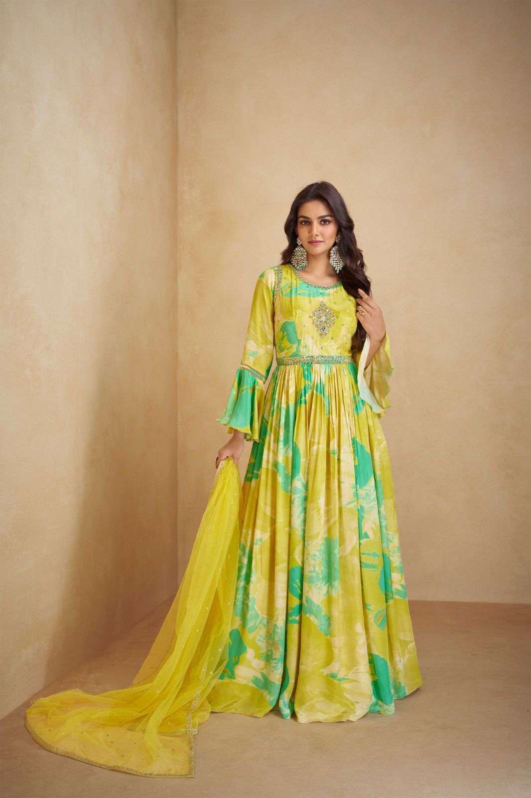 DESIGNER WEDDING PARTY WEAR CHINON SILK LEMON YELLOW ANARKALI SALWAR SUIT GOWN WITH DUPATTA GL SCARLET 7463