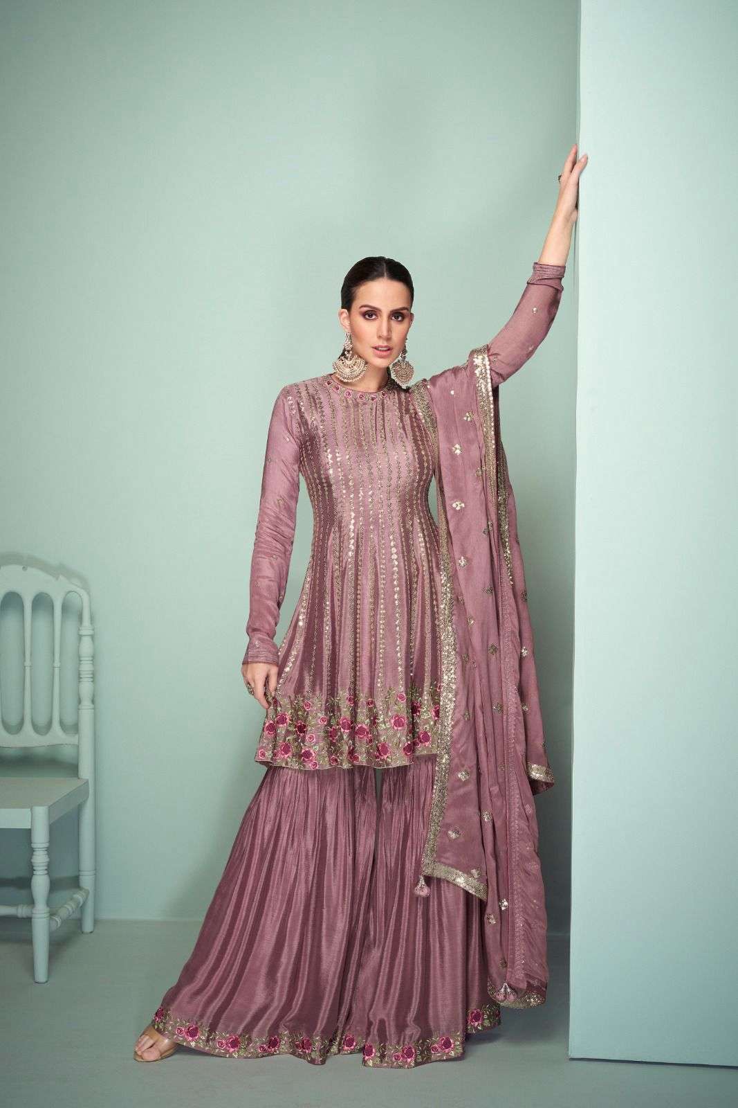 DESIGNER WEDDING PARTY WEAR CHINON SILK PEACH SKIRT STYLE SHARARA PLAZZO SALWAR SUIT GL RIWAYAT 7501