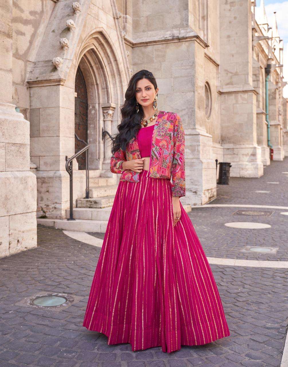 DESIGNER WEDDING PARTY WEAR CHINON SILK PINK KOTI JACKET STYLE SALWAR SUIT SY LUXE 5582