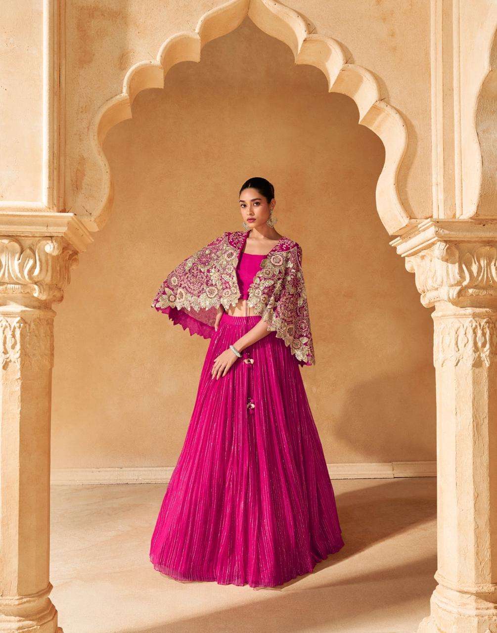 DESIGNER WEDDING PARTY WEAR CHINON SILK PINK SKIRT STYLE LEHENGA KOTI SUIT SY RAAS 5604