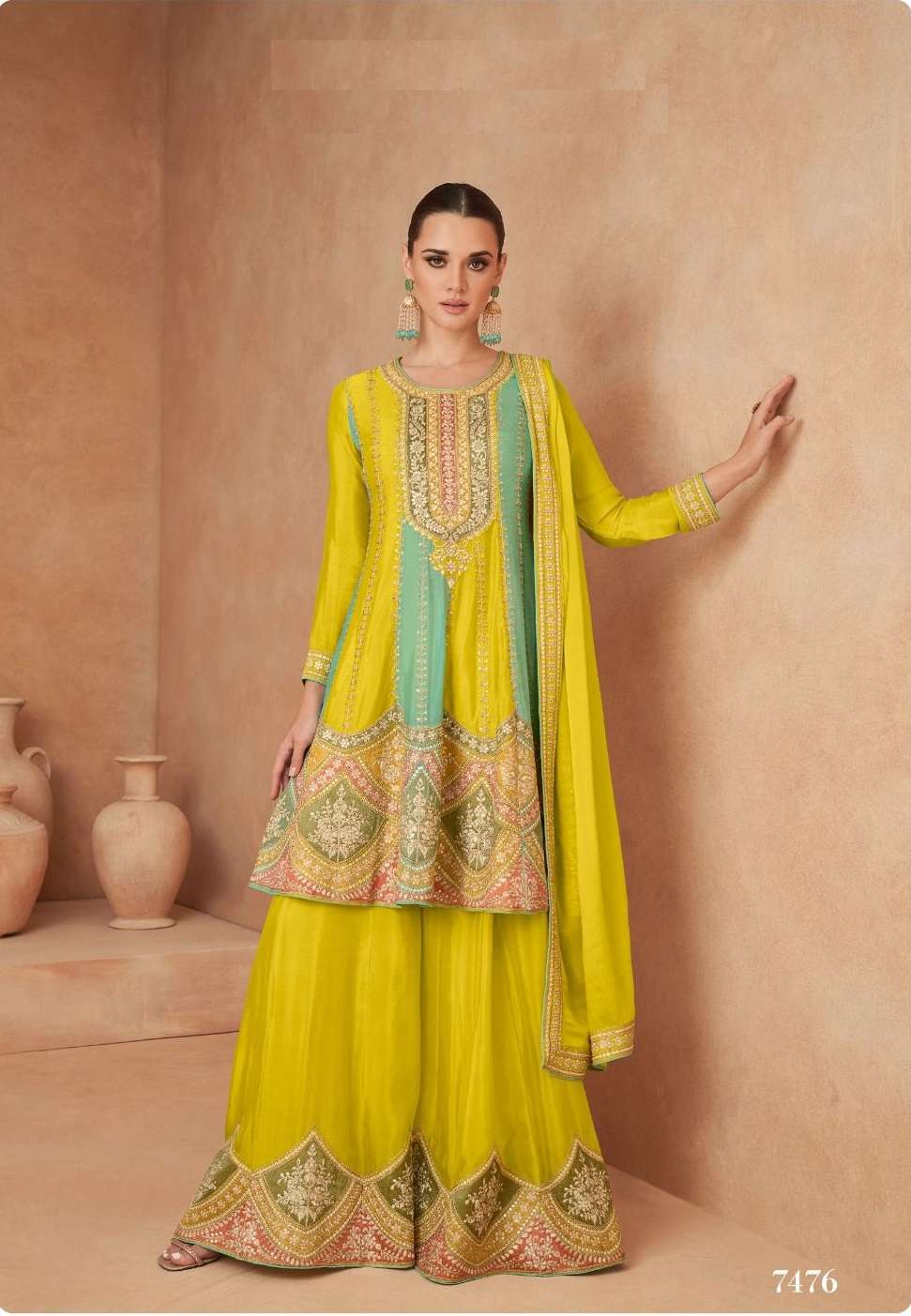 DESIGNER WEDDING PARTY WEAR CHINON SILK YELLOW SHARARA SALWAR SUIT GL GUZARISH 7476