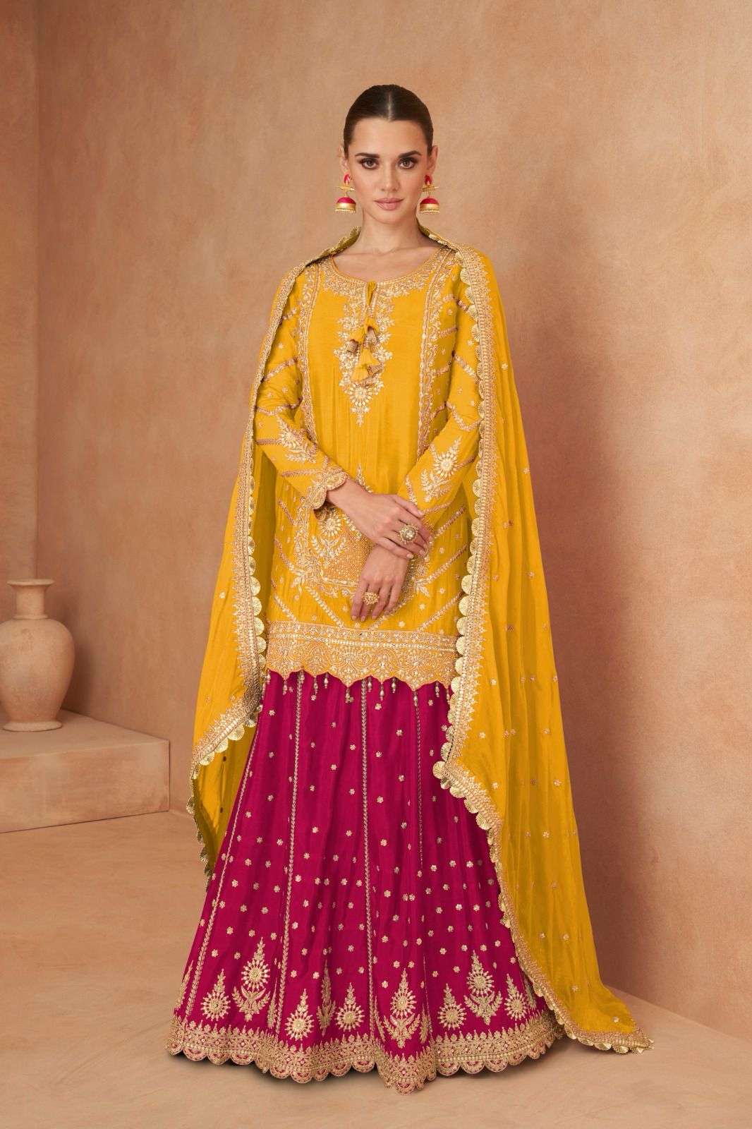 DESIGNER WEDDING PARTY WEAR CHINON SILK YELOW PINK SKIRT STYLE SALWAR SUIT GL KHANAK 7471 B