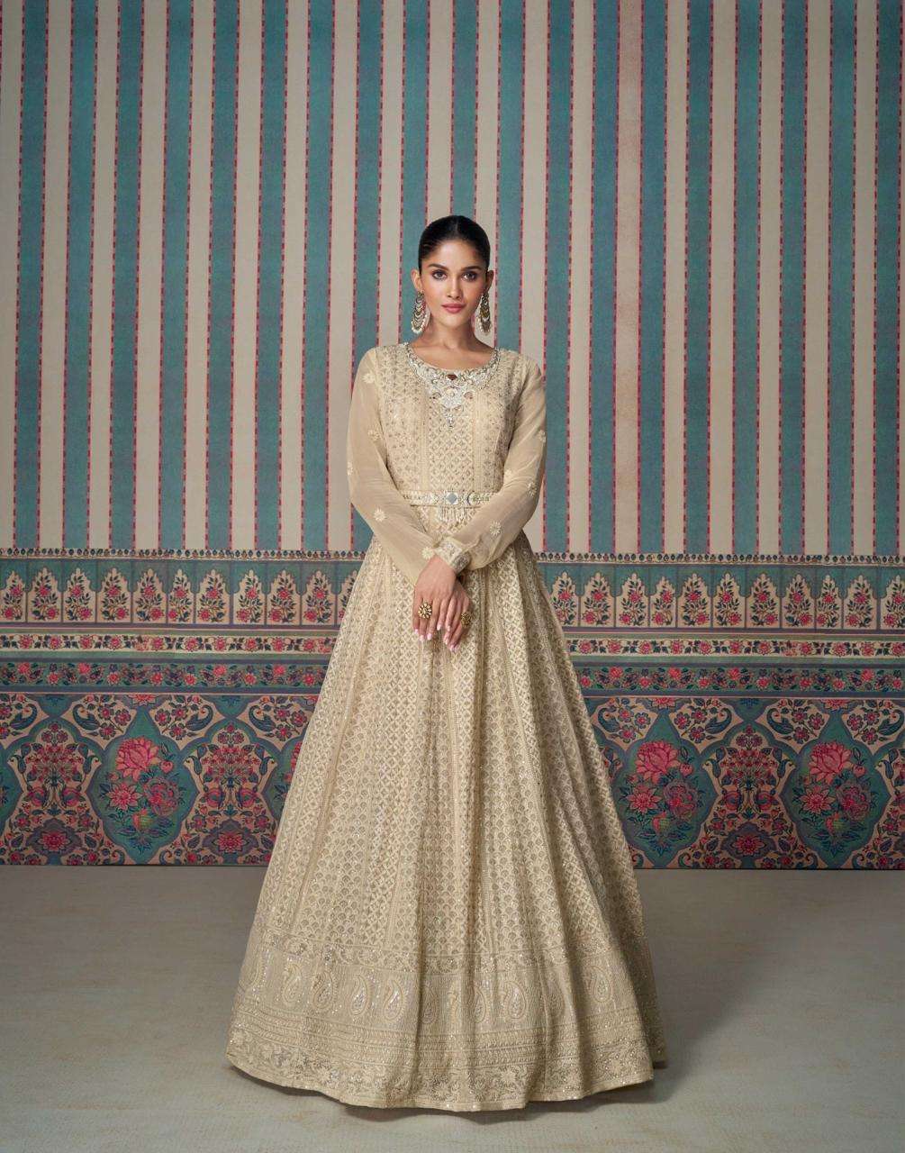 DESIGNER WEDDING PARTY WEAR HEAVY CHIKU GEORGETTE ANARKALI SALWAR SUIT GOWN SY ZARINA 5621