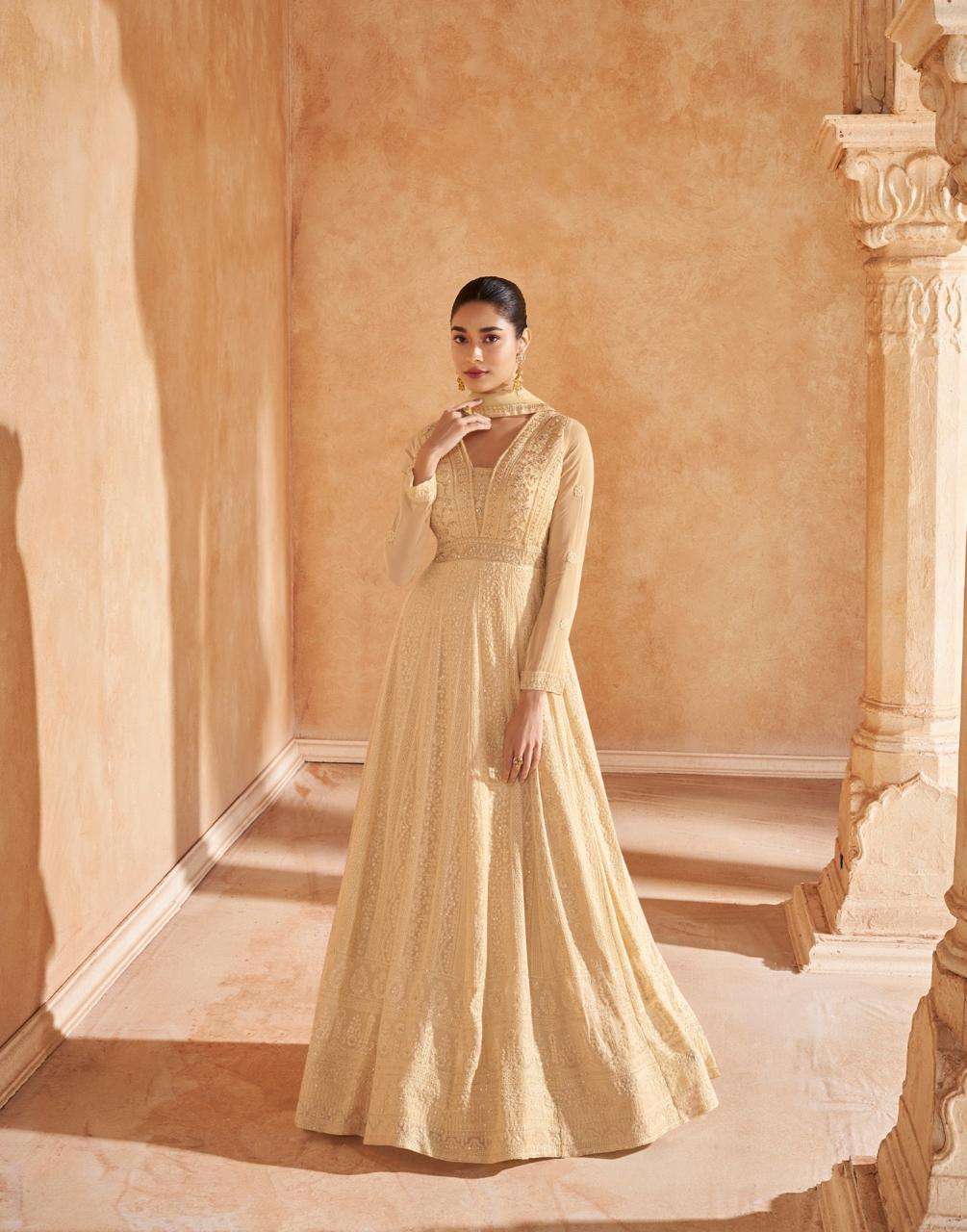 DESIGNER WEDDING PARTY WEAR HEAVY GEORGETTE CHIKU ANARKALI SALWAR SUIT GOWN SY SAHIRA 5584