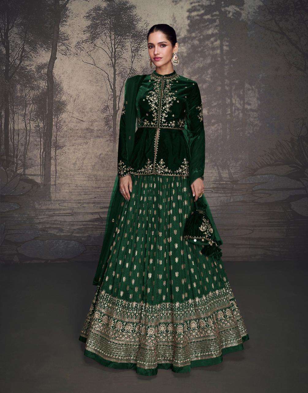 DESIGNER WEDDING PARTY WEAR HEAVY GREEN VELVET TOP SKIRT STYLE SALWAR SUIT GOWN SY GLAM 5602