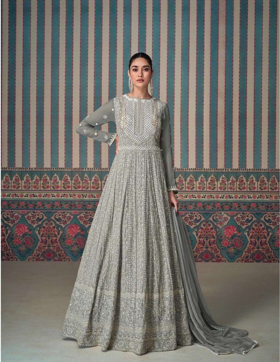 DESIGNER WEDDING PARTY WEAR HEAVY GREY GEORGETTE ANARKALI SALWAR SUIT GOWN SY ZARINA 5620