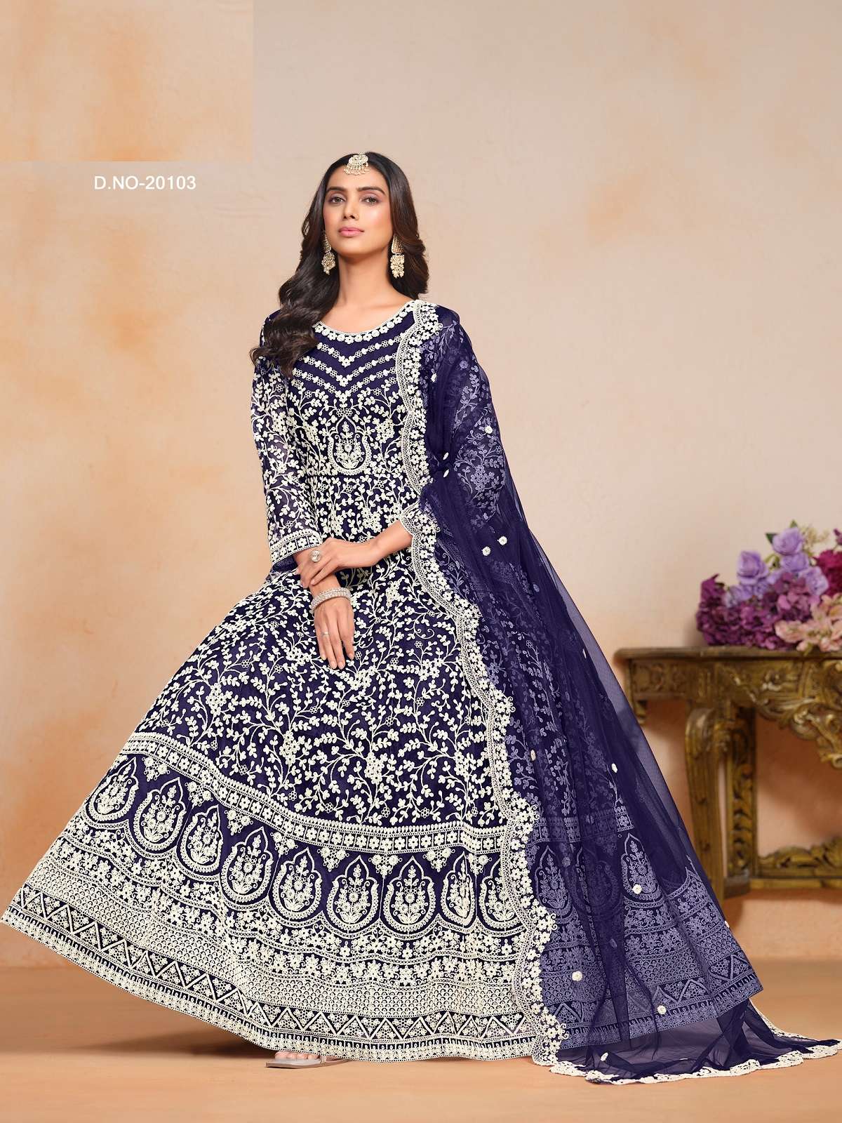 DESIGNER WEDDING PARTY WEAR HEAVY NET BLUE ANARKALI SALWAR SUIT GOWN ANY 20103