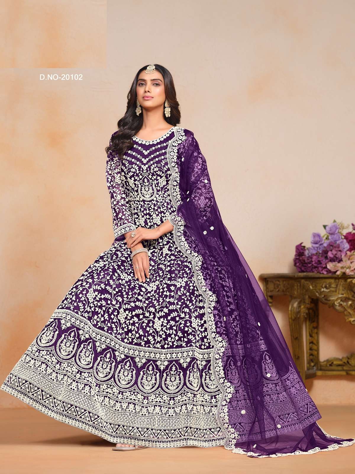 DESIGNER WEDDING PARTY WEAR HEAVY NET PURPLE ANARKALI SALWAR SUIT GOWN ANY 20102