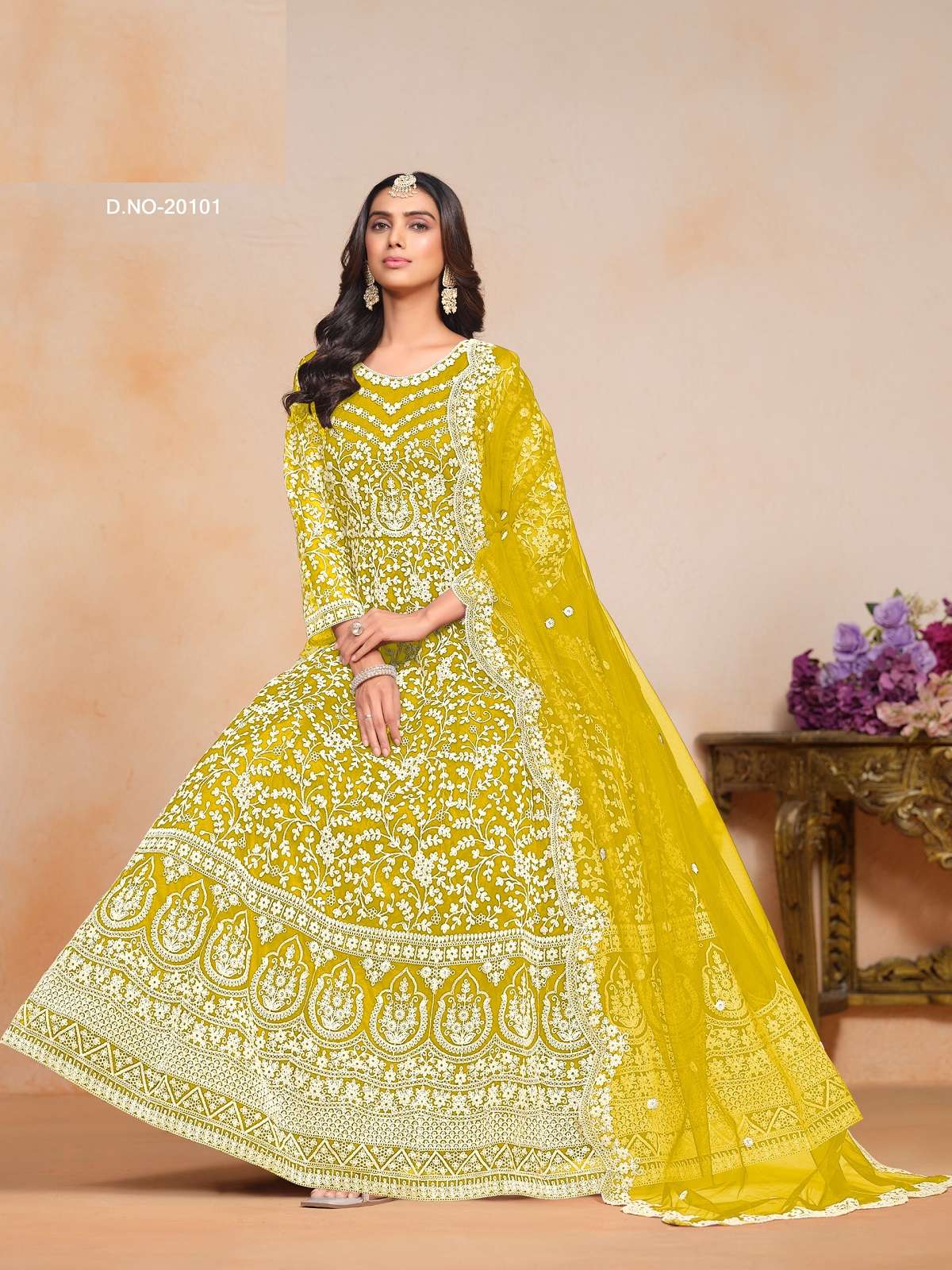 DESIGNER WEDDING PARTY WEAR HEAVY NET YELLOW ANARKALI SALWAR SUIT GOWN ANY 20101