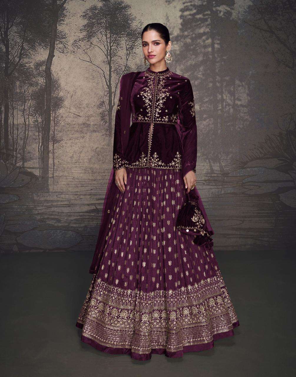 DESIGNER WEDDING PARTY WEAR HEAVY WINE VELVET TOP SKIRT STYLE SALWAR SUIT GOWN SY GLAM 5601