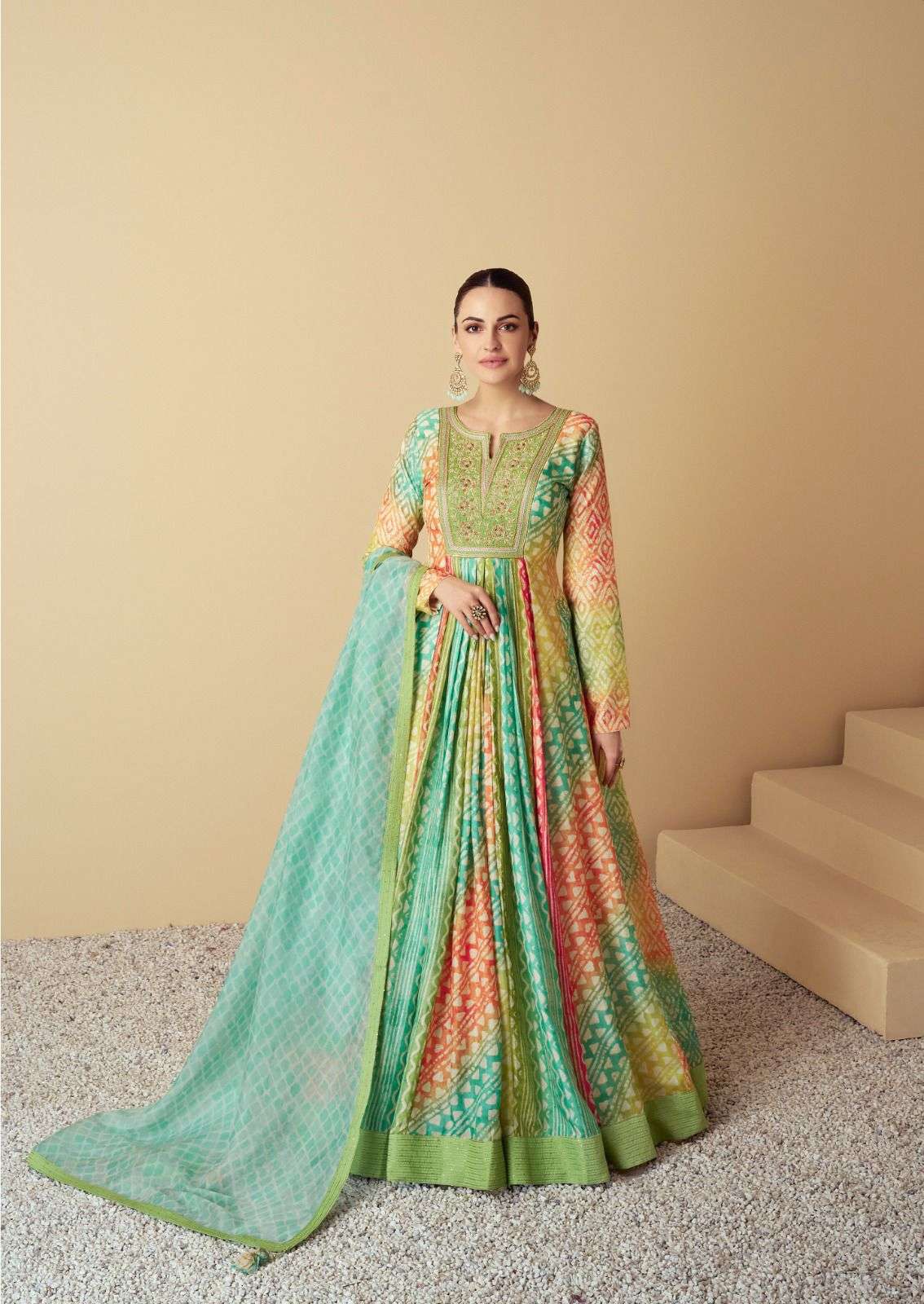 DESIGNER WEDDING PARTY WEAR MASLIN SILK GREEN ANARKALI SALWAR SUIT GOWN WITH DUPATTA GL VAARI 7487