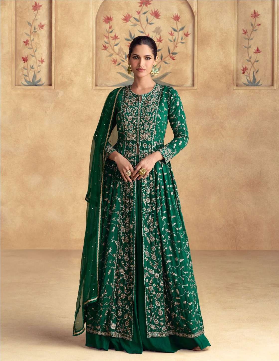 DESIGNER WEDDING PARTY WEAR REAL CHINON GREEN KOTI JACKET STYLE ANARKALI SALWAR SUIT AF ALFAAZ 10097