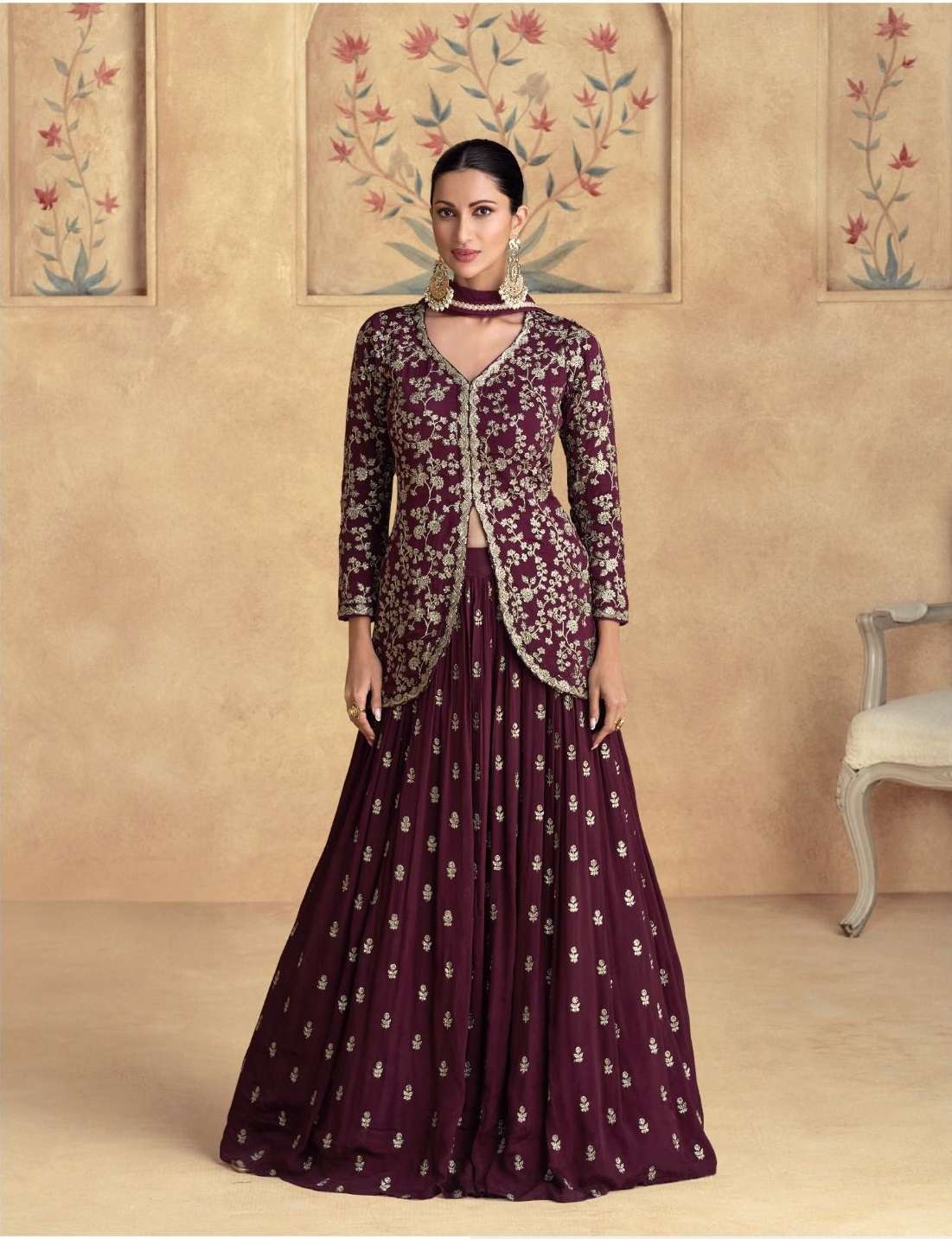 DESIGNER WEDDING PARTY WEAR REAL CHINON MAROON KOTI JACKET STYLE ANARKALI SALWAR SUIT AF ALFAAZ 10095