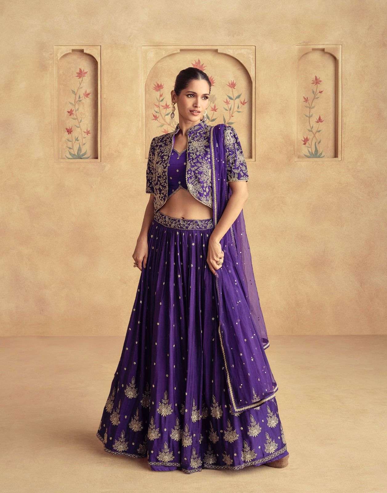 DESIGNER WEDDING PARTY WEAR REAL CHINON PURPLE KOTI JACKET STYLE ANARKALI SALWAR SUIT AF ALFAAZ 10096