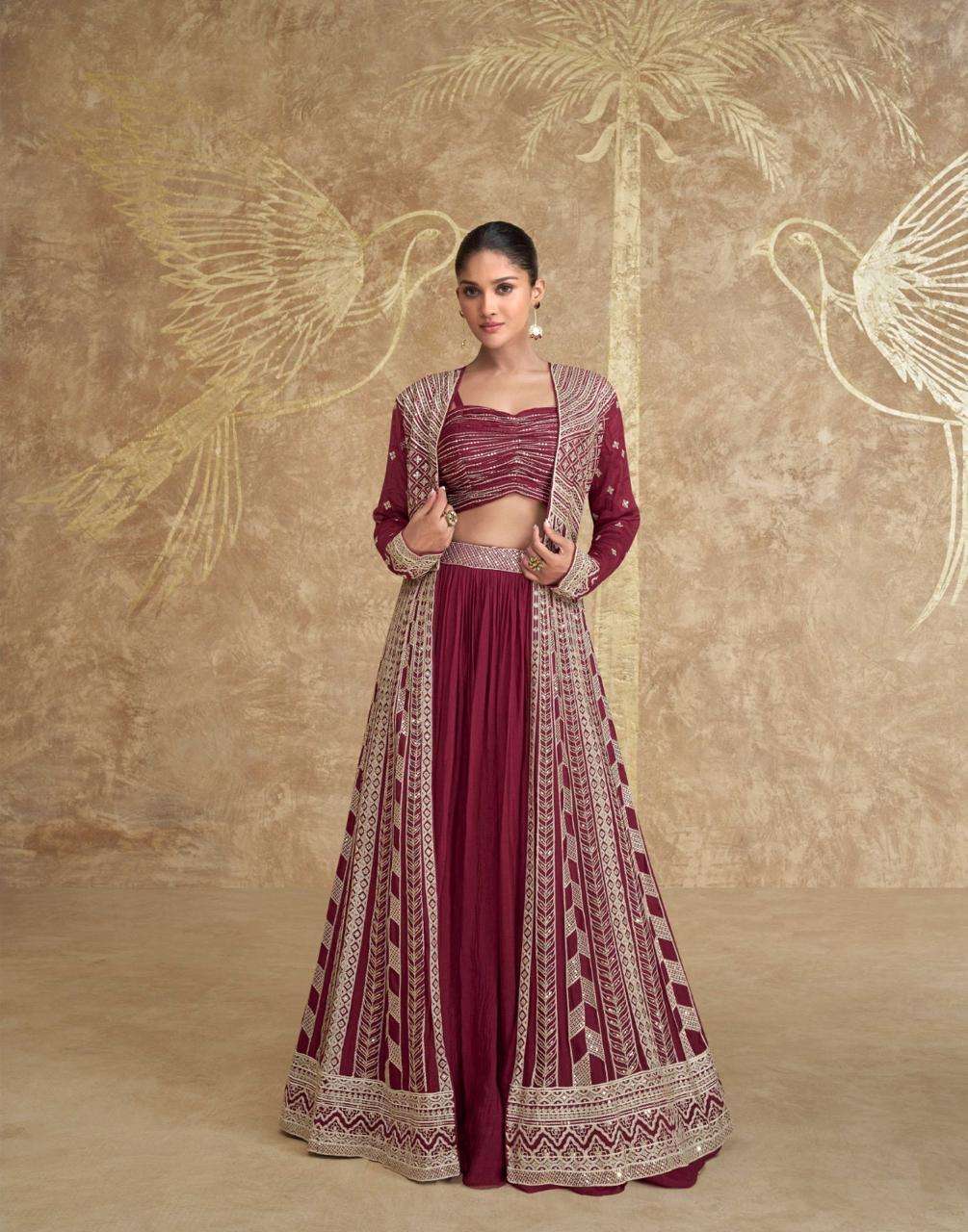 DESIGNER WEDDING PARTY WEAR REAL CHINON RED KOTI LEHENGA SKIRT STYLE LEHENGA KOTI SALWAR SUIT SY TYOHAAR 5622