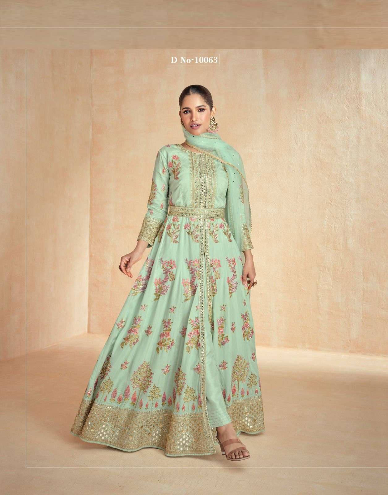 DESIGNER WEDDING PARTY WEAR REAL CHINON SILK GREEN ANARKALI SALWAR SUIT GOWN WITH DUPATTA AF ZARINA 10063