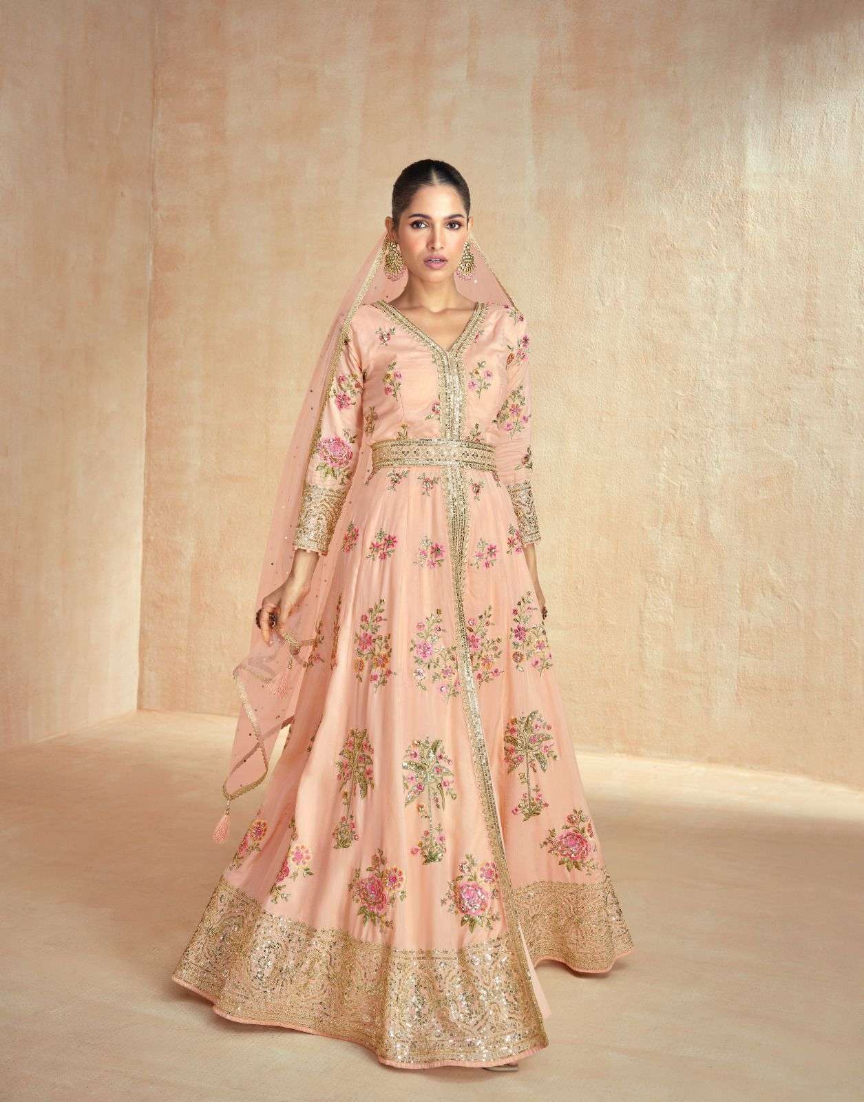 DESIGNER WEDDING PARTY WEAR REAL CHINON SILK PEACH ANARKALI SALWAR SUIT GOWN WITH DUPATTA AF ZARINA 10062